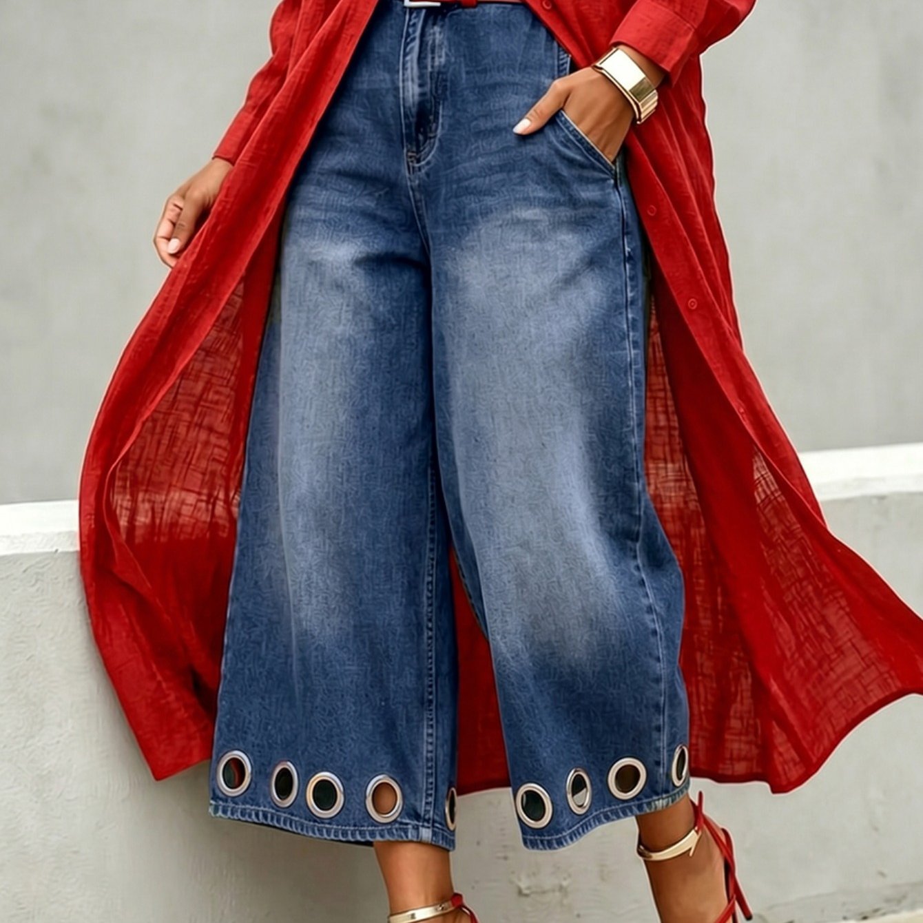 TEMU Short en jean court pour femme, , avec ourlet à œillets ajourés, élégant, , taille haute, ceinture, avec poches, style streetwear