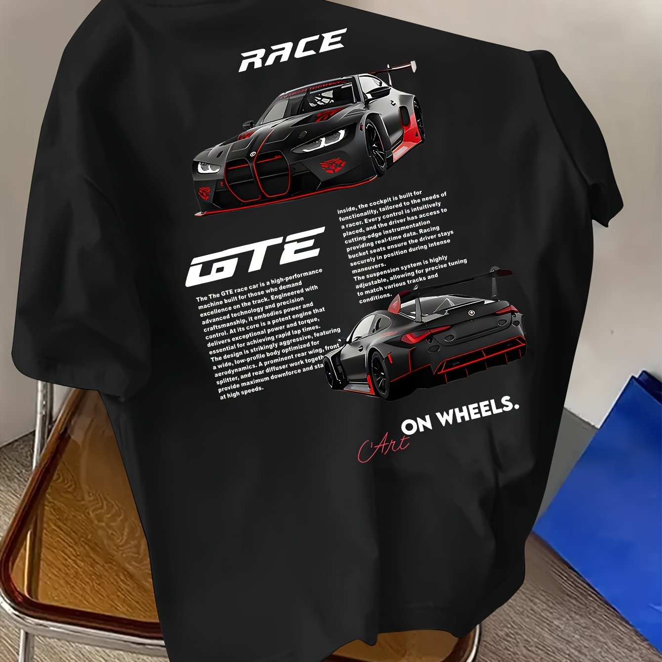 TEMU T-shirt de course GTE Noir Rouge, T-shirt de sport de course pour hommes, T-shirt de streetwear pour hommes, T-shirt à col rond, Vêtements d'été