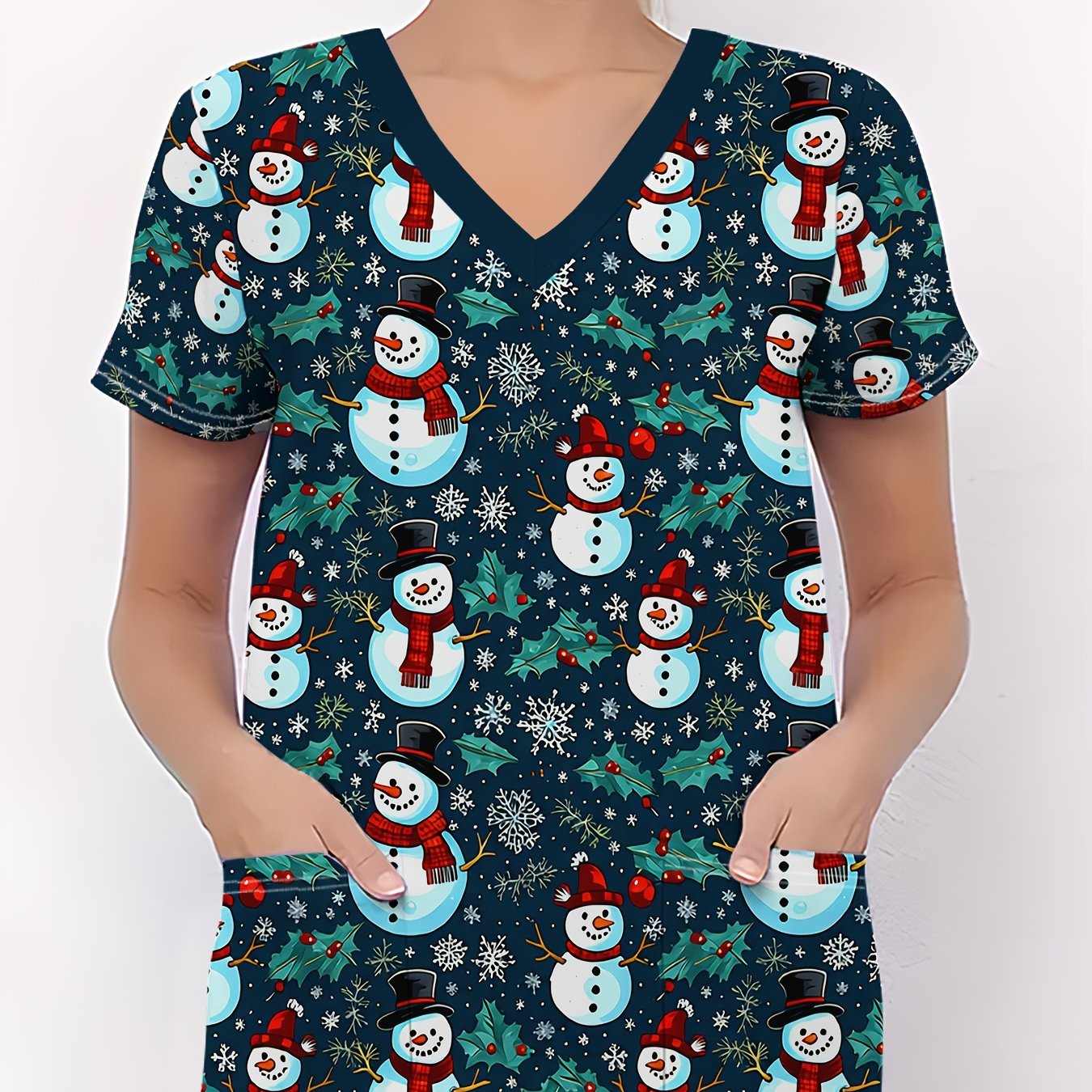 TEMU Christmas Women's T-shirt, V-neck Short Sleeve With Christmas Snowman Print, Functional Women's Nurse Uniform, Soft And Comfortable Women' Top,