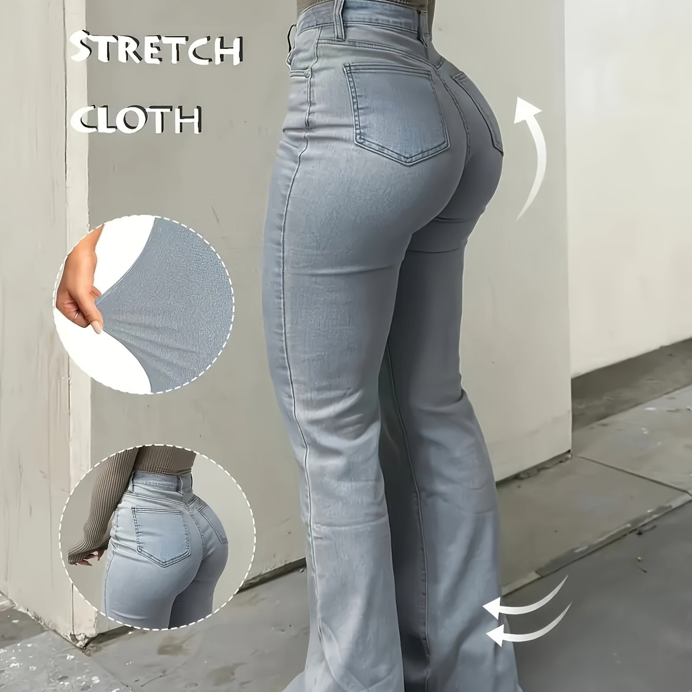 1pc Women's High-stretch Flared Zip- - Solid Color Streetwear Style With Pockets, & Machine Washable Fabric, Functional Fashion