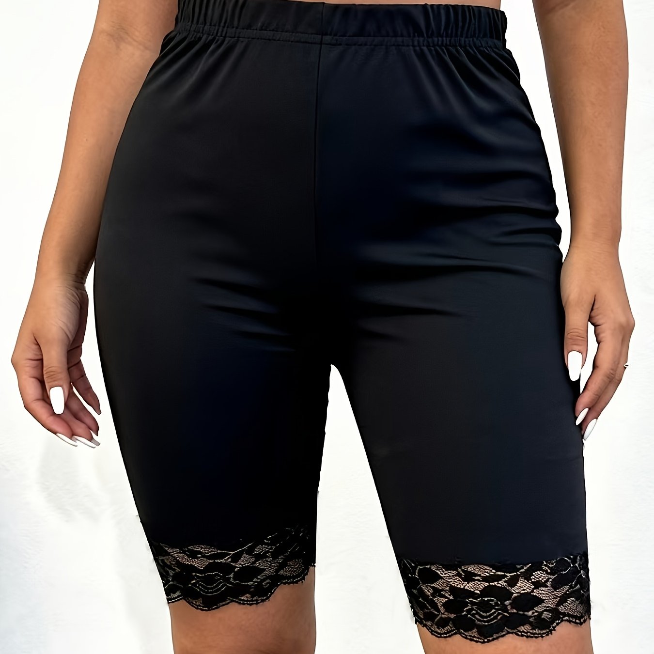 TEMU Plus Size, Plus Size Women's High-stretch Lace Shorts - Full Coverage Body-hugging Base Layer Suitable For, Dance, | Non-sheer Solid Color Short