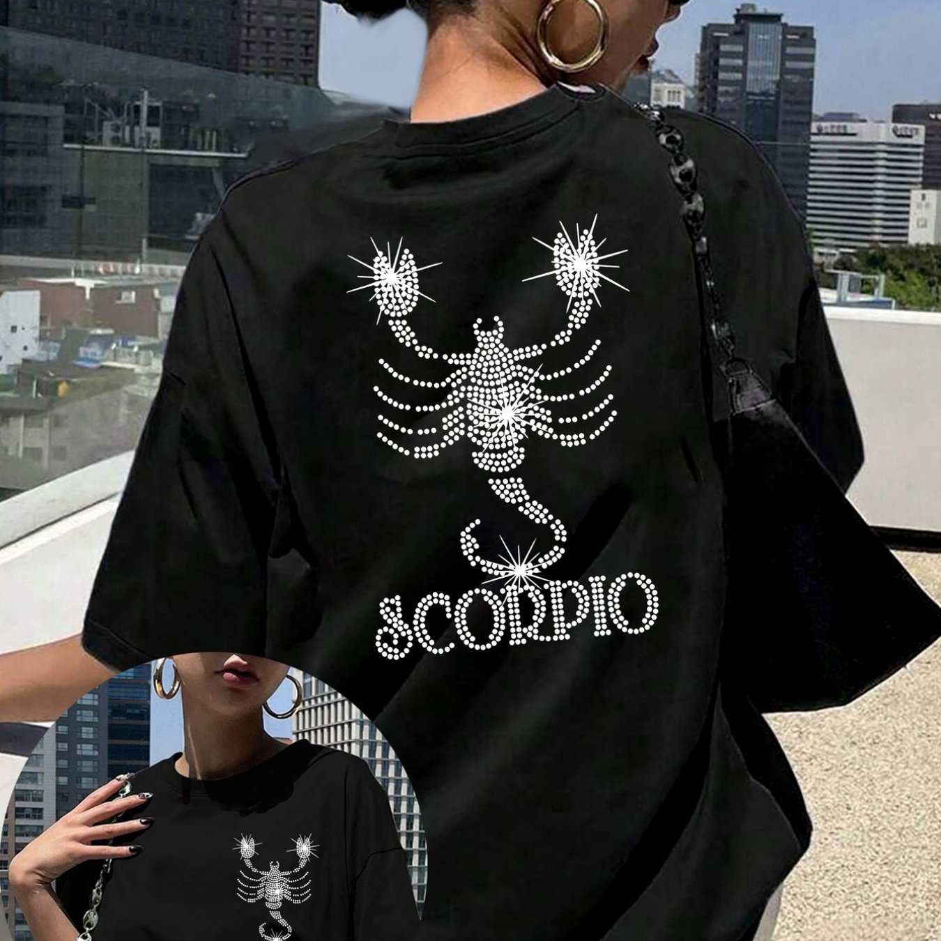 TEMU Women's Letter Print Tshirt Scorpio, Zodiac Pattern Black Shortsleeved Round Neck Casual Top, Medium Elastic Breathable Fabric, Machine Washable