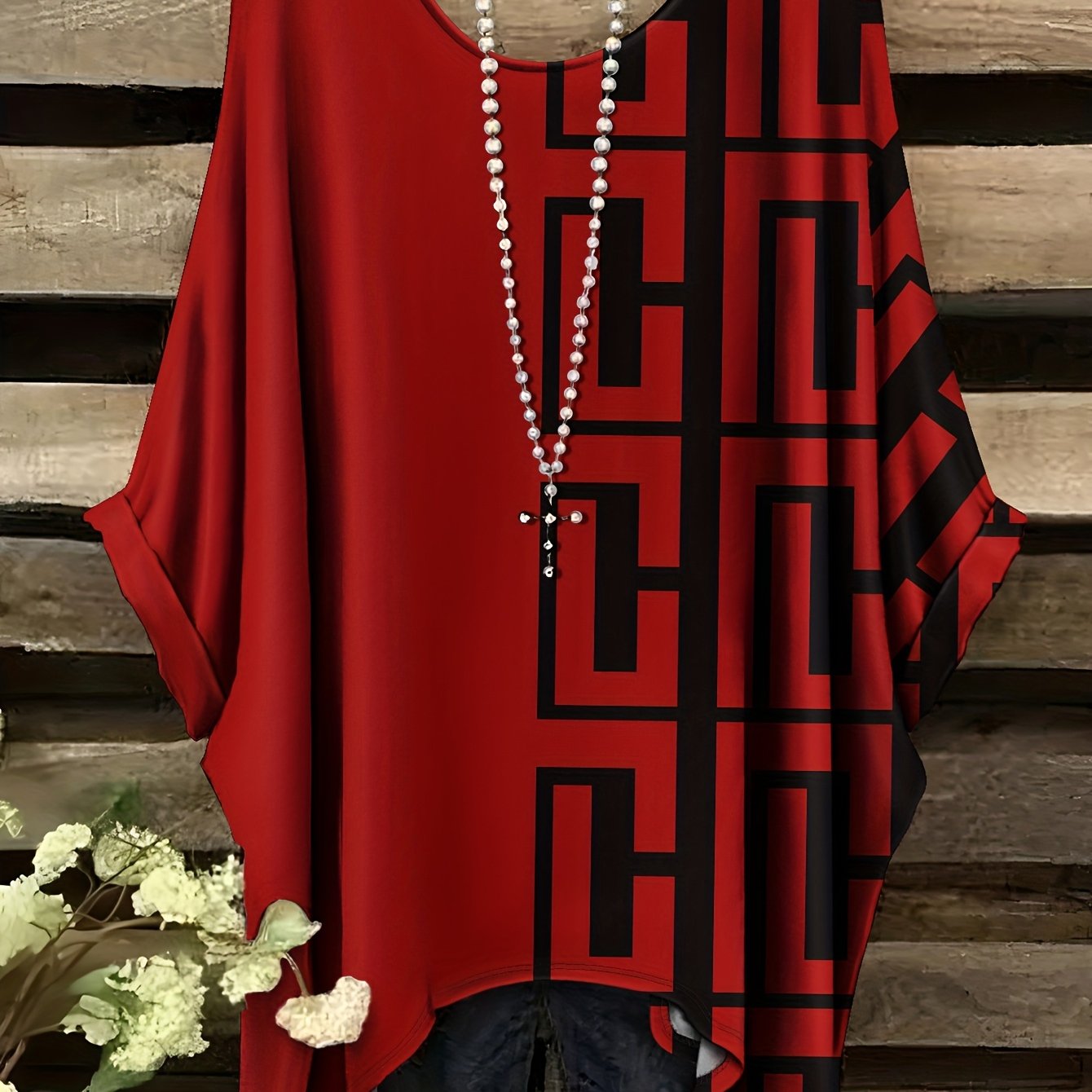 TEMU Plus Size, [printed Design - Not Textured]new Fashionable Printed Large-size Round-neck T-shirt With Geometric Line Patterns, Comfortable Style