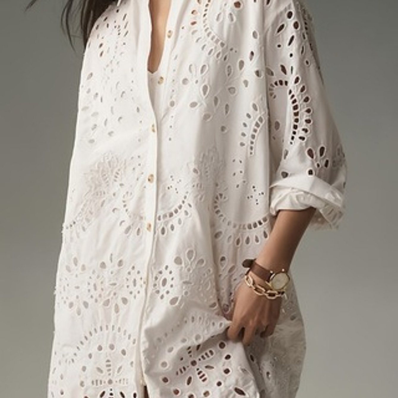 Women's Loose Fit Solid Color Embroidered Hollow Out Shirt Collar Long Sleeve Blouse For Spring Casual Wear