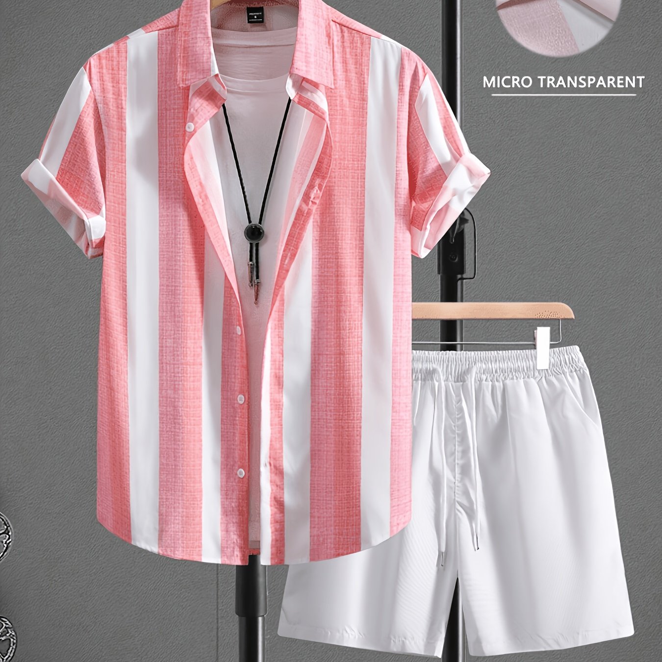 TEMU Men's Color-block Striped Print Short Sleeve Shirt And Solid Color Shorts, Easy Casual Outfit