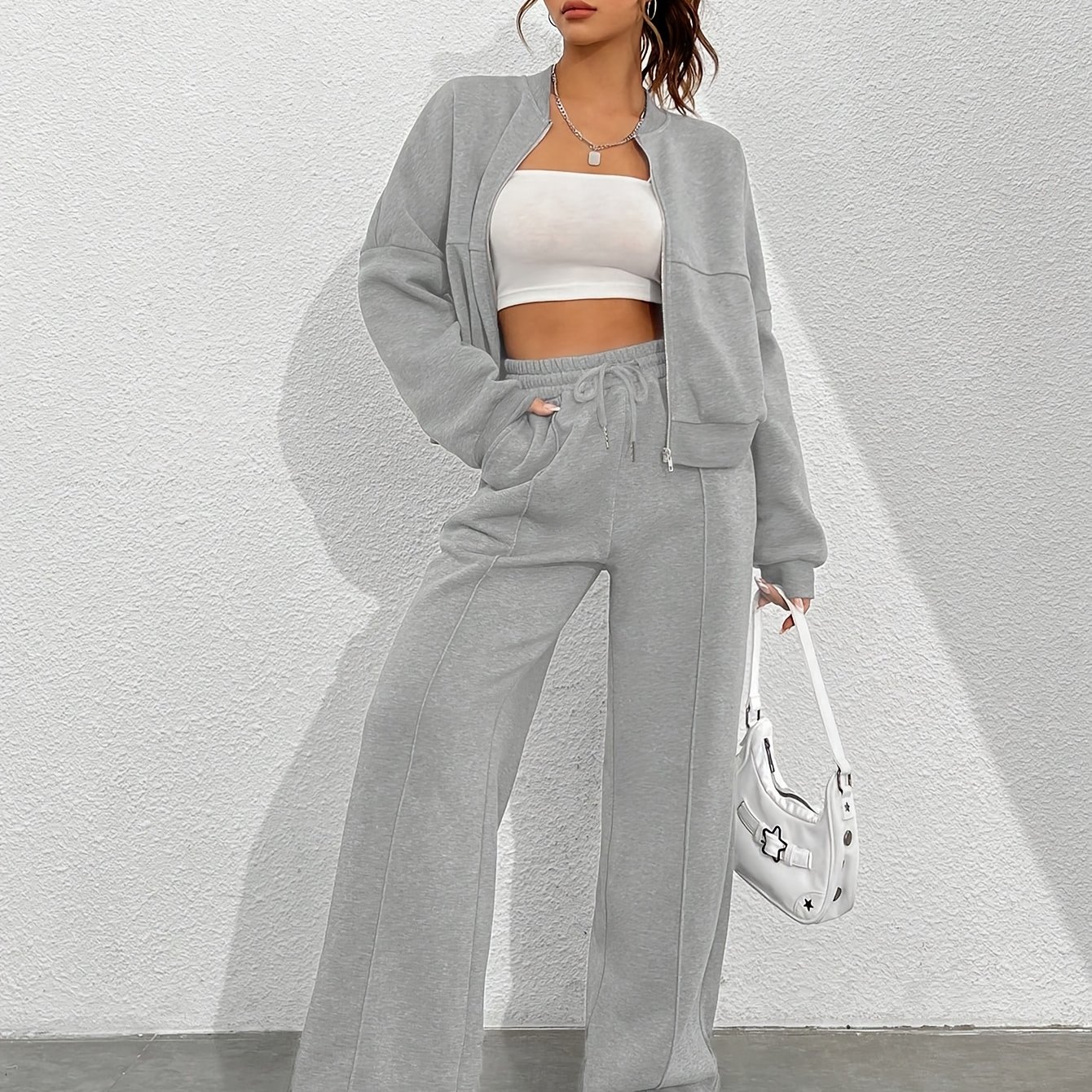TEMU Completo sportivo da donna /inverno grigio. La parte una chiusura a cerniera sul senza cappuccio facile indossabilit�. I pantaloni pantaloni