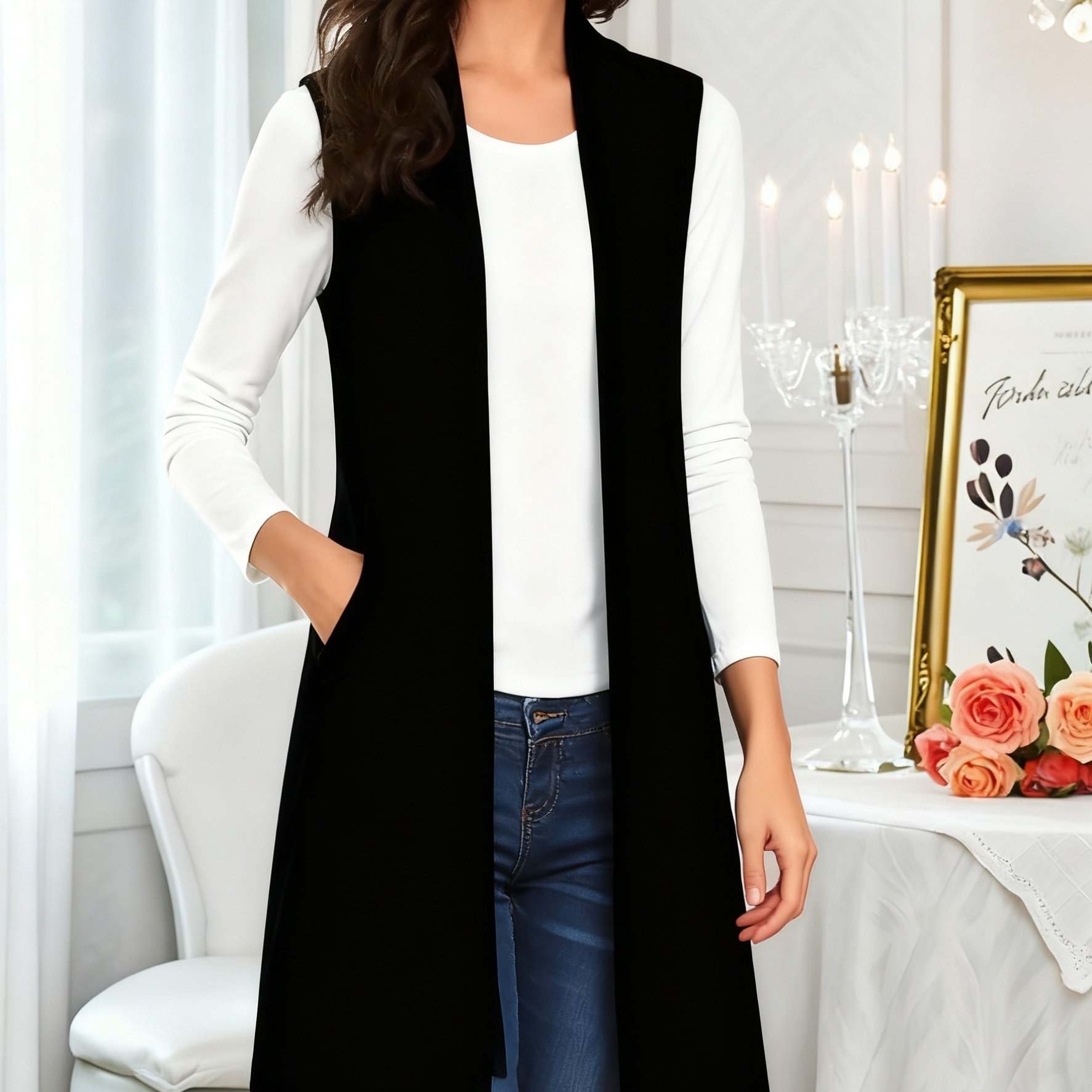 TEMU A Spring/autumn Fashionable Solid-color Sleeveless Mid-length Women's Vest Jacket