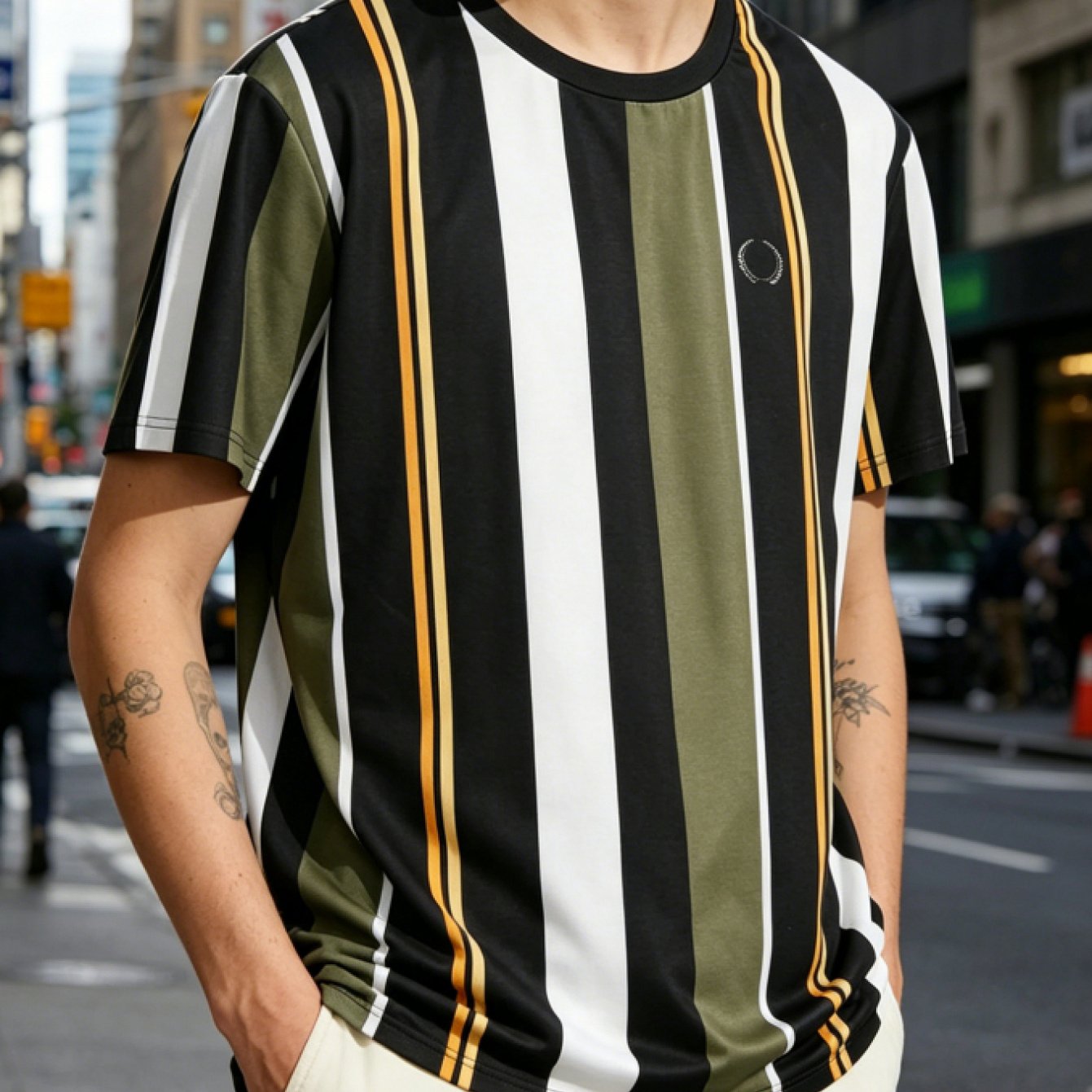 TEMU [printed Design - Not Textured] New Summer Men's Casual T-shirt - Contrast Striped - Breathable Casual Round Neck Short Sleeve - Athletic Trendy