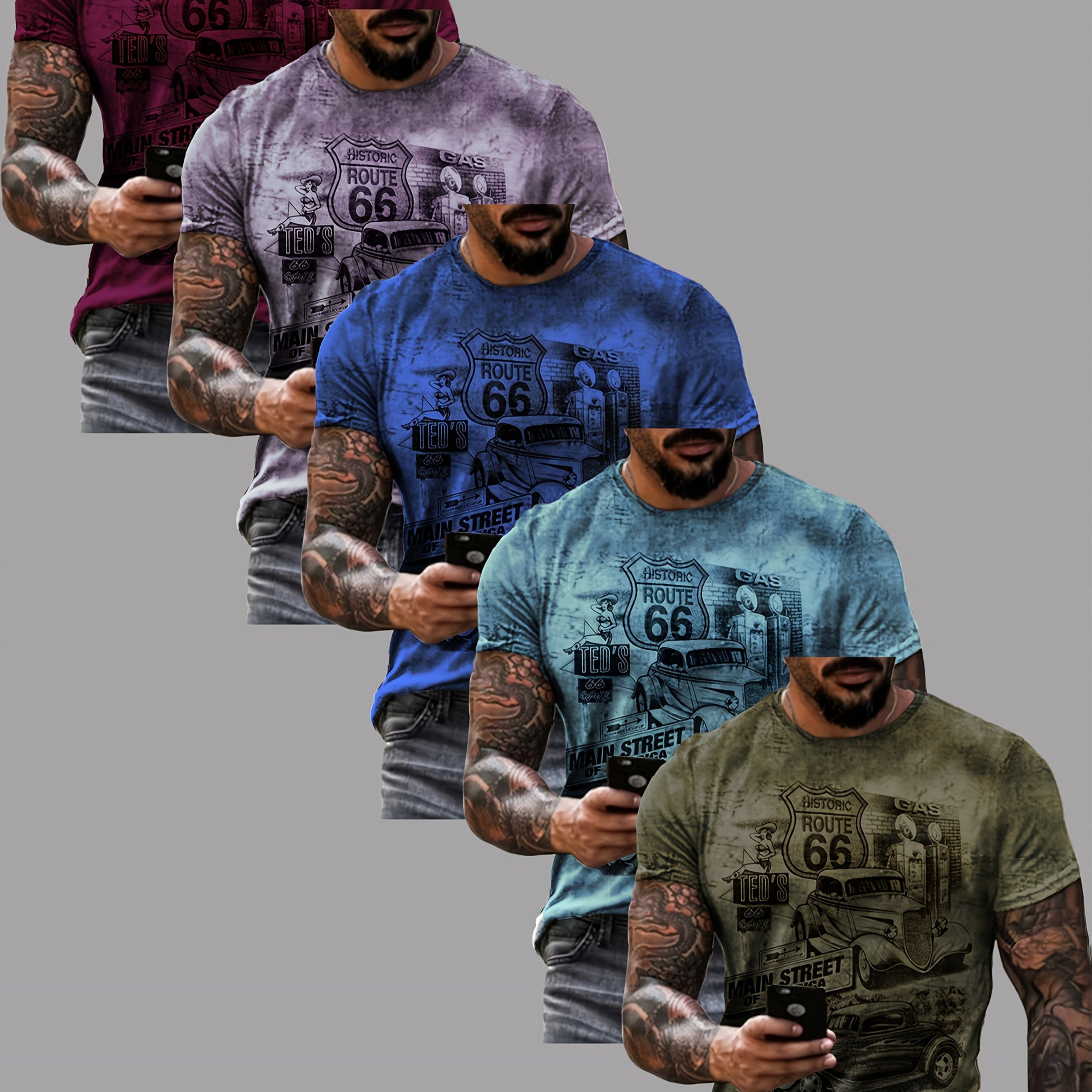 TEMU 5-pc Men's Casual Short Sleeve T-shirts - 666 And Vintage Truck Graphic Print, Machine Washable, Regular Fit For Spring Summer Fall, Outdoor &