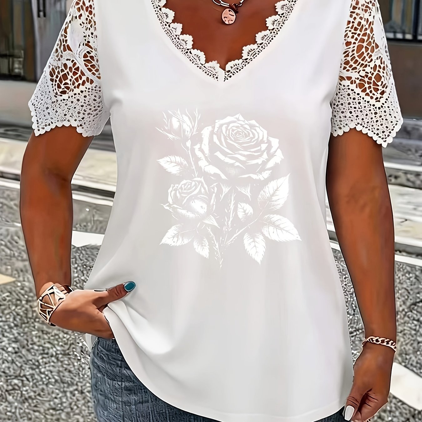 TEMU Plus Size Women's Fashion Geometric Pattern Short Sleeve T-shirt