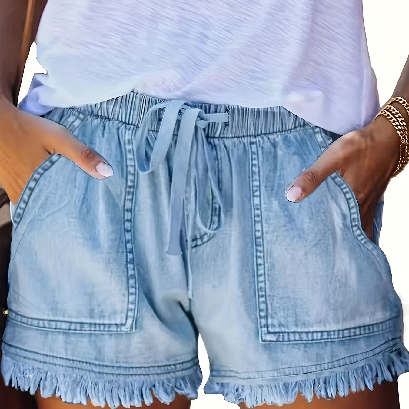 High-stretch -edge Drawstring Elastic Waist Denim Shorts