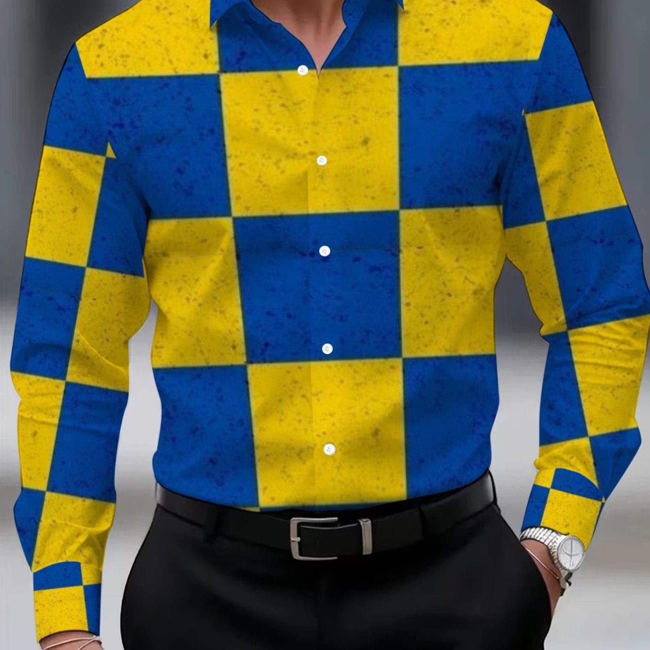 TEMU Men's Blue And Yellow Checkered Shirt For Casual Wear, Lightweight And , Perfect For Office Or Party Outfits, With Classic Button- Style