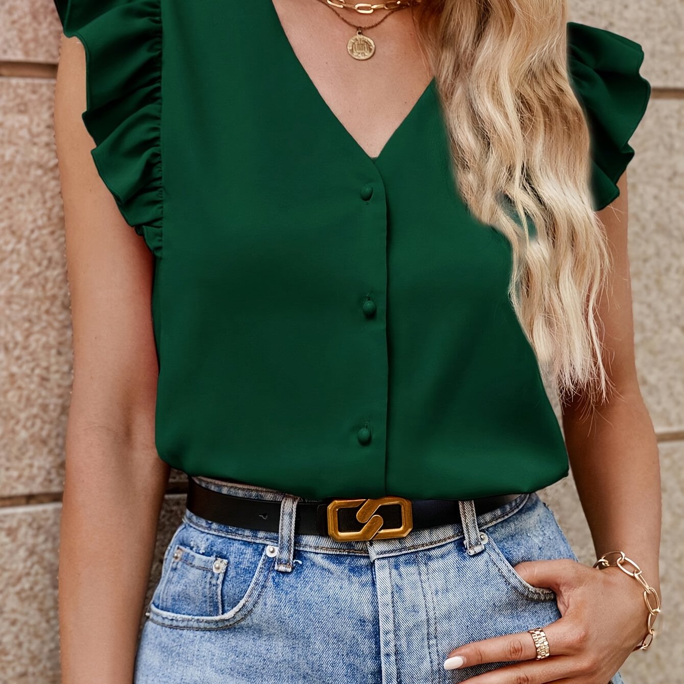 TEMU Solid V Neck Blouse, Elegant Ruffle Sleeve Top For Spring & Summer, Women's Clothing
