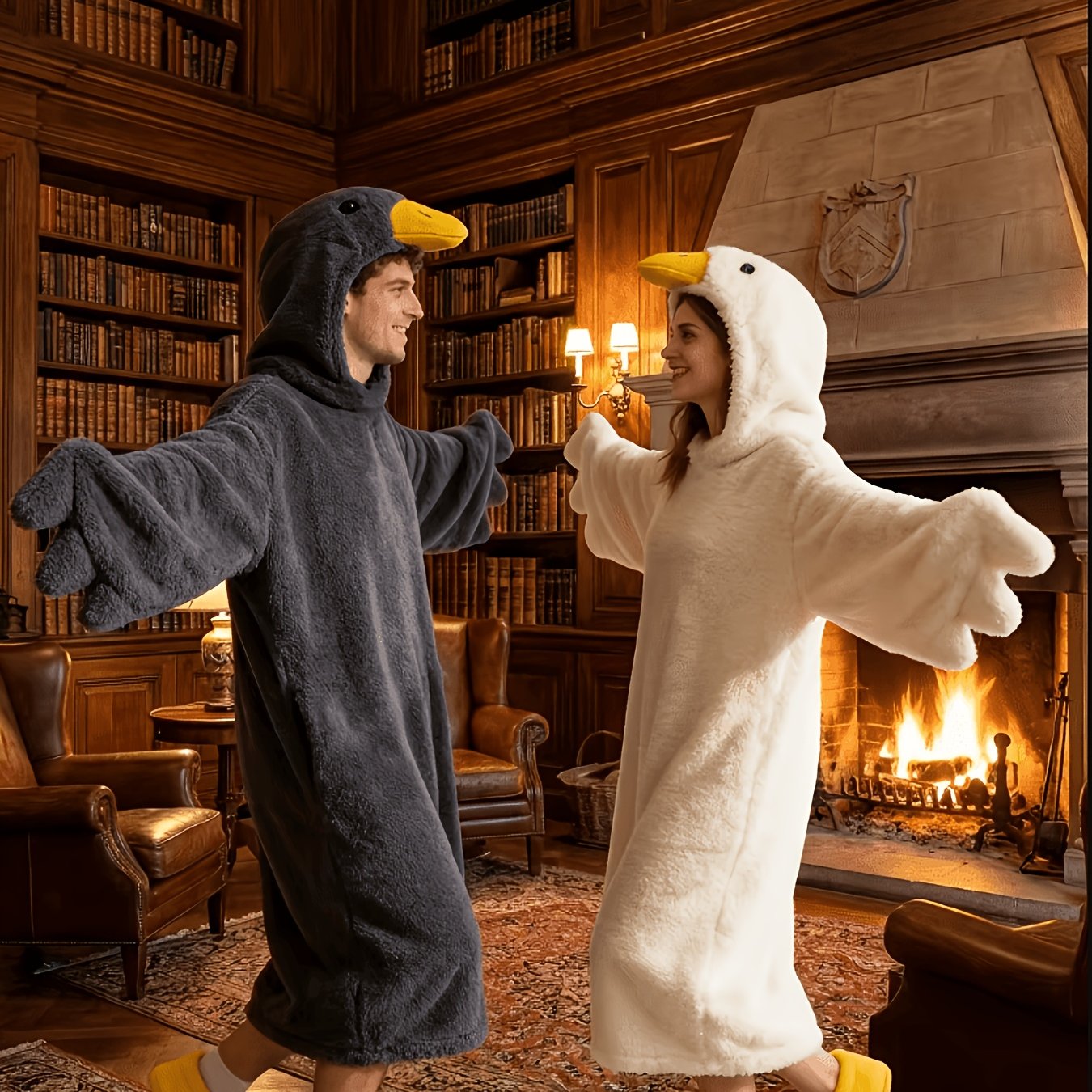 TEMU Ensemble drôle de sweat à capuche et combinaison sur le thème des canards, style épais doublé en polaire, comprend une robe et des chaussettes