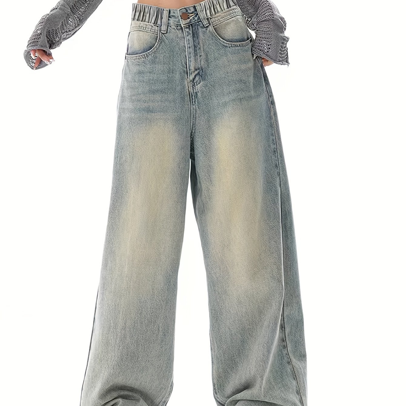 Vintage Washed Loose Wide-leg Pants For Teens And Tweens, Casual Long Gradient Straight-leg Jeans