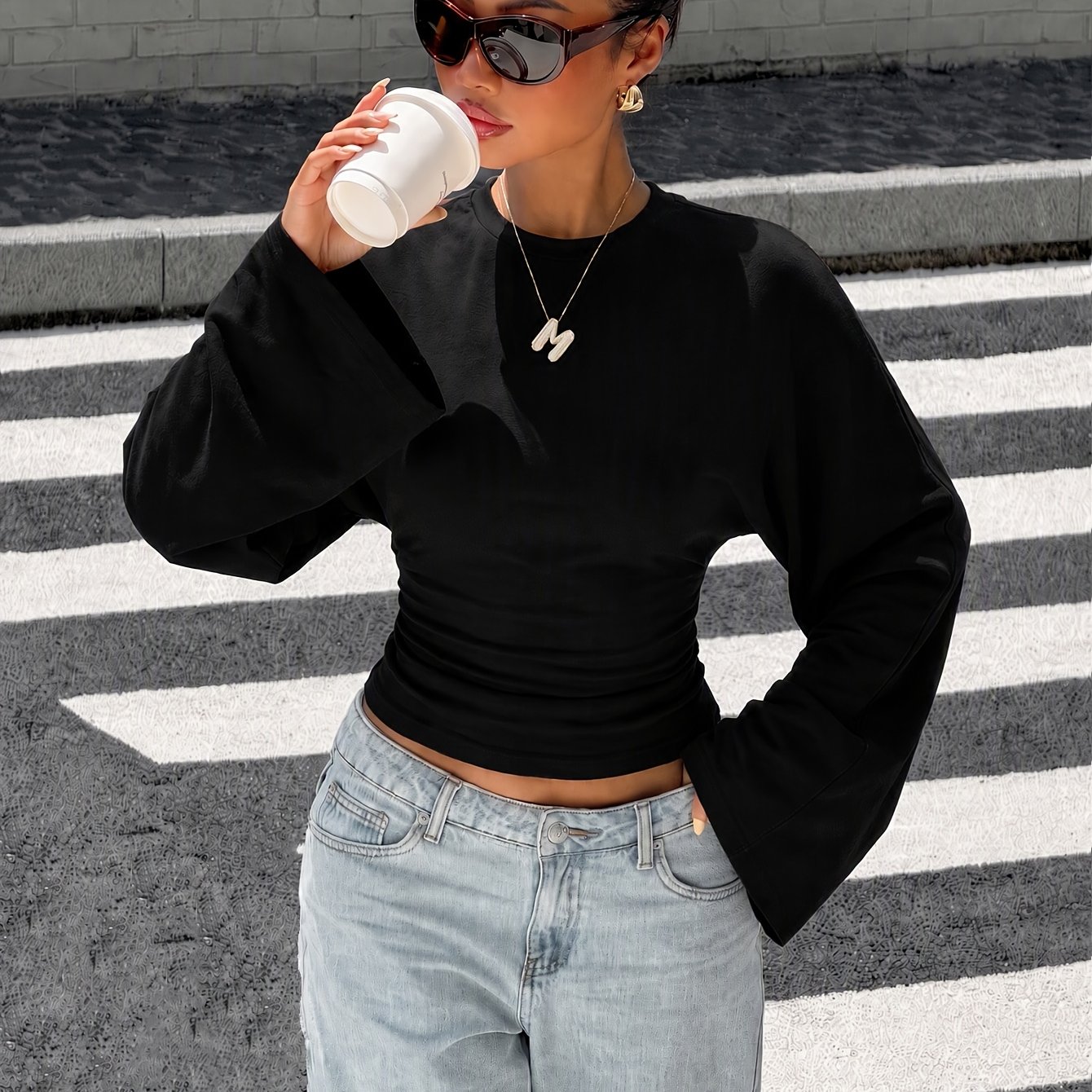 TEMU New Autumn/winter Batwing Sleeve Slim-fit Long-sleeve T-shirt, Elegant Casual Fashion Basic Top, Suitable For And Parties, For Women