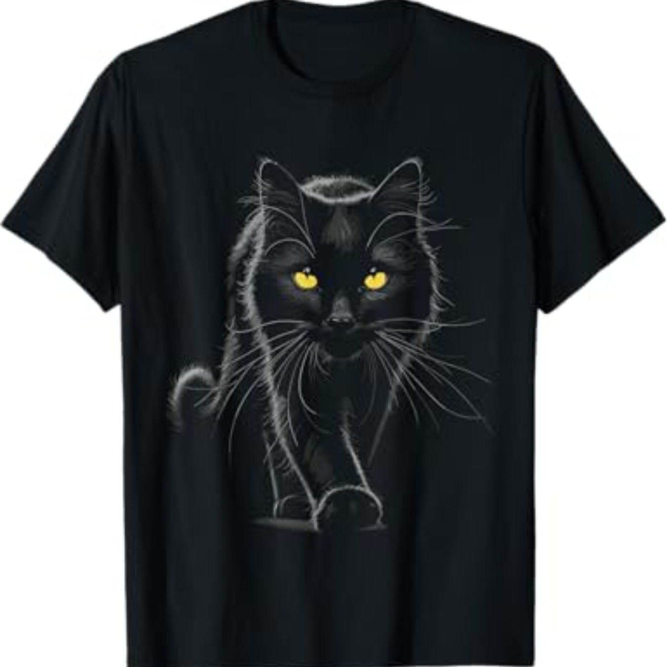 TEMU Unisex Short-sleeve T-shirt Featuring A Black Cat With Yellow Eyes, Perfect For Casual Autumn Fashion For Men And Women