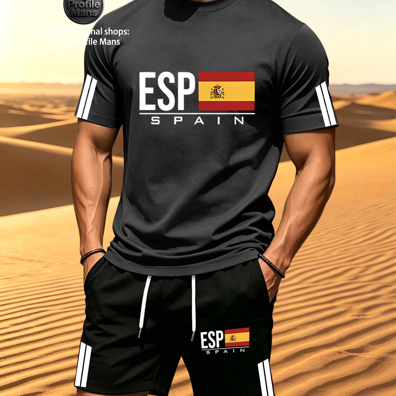 TEMU Conjunto deportivo casual para hombre de 2 piezas con diseño de puños a rayas, pantalones cortos con cordón, bolsillos y estampado ESP Spanish