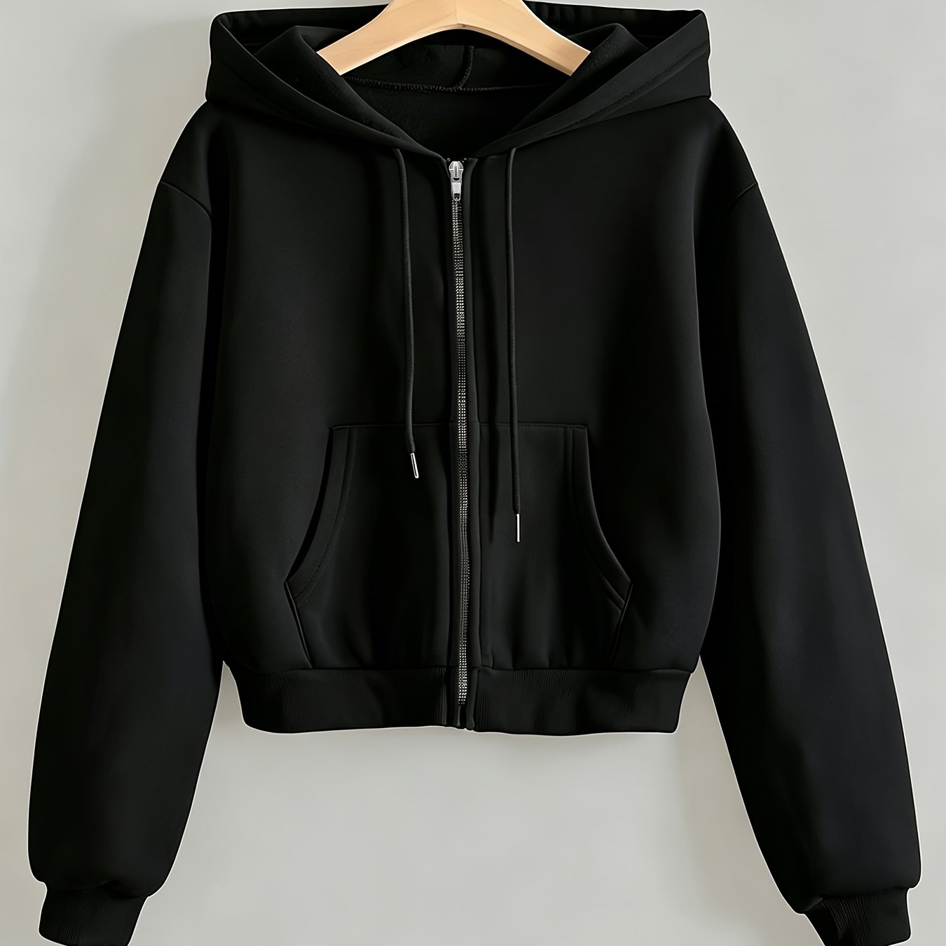 TEMU Zippered Drop Shoulder Lined Cropped Hoodie - Long Sleeve Top, Comfortable For Daily