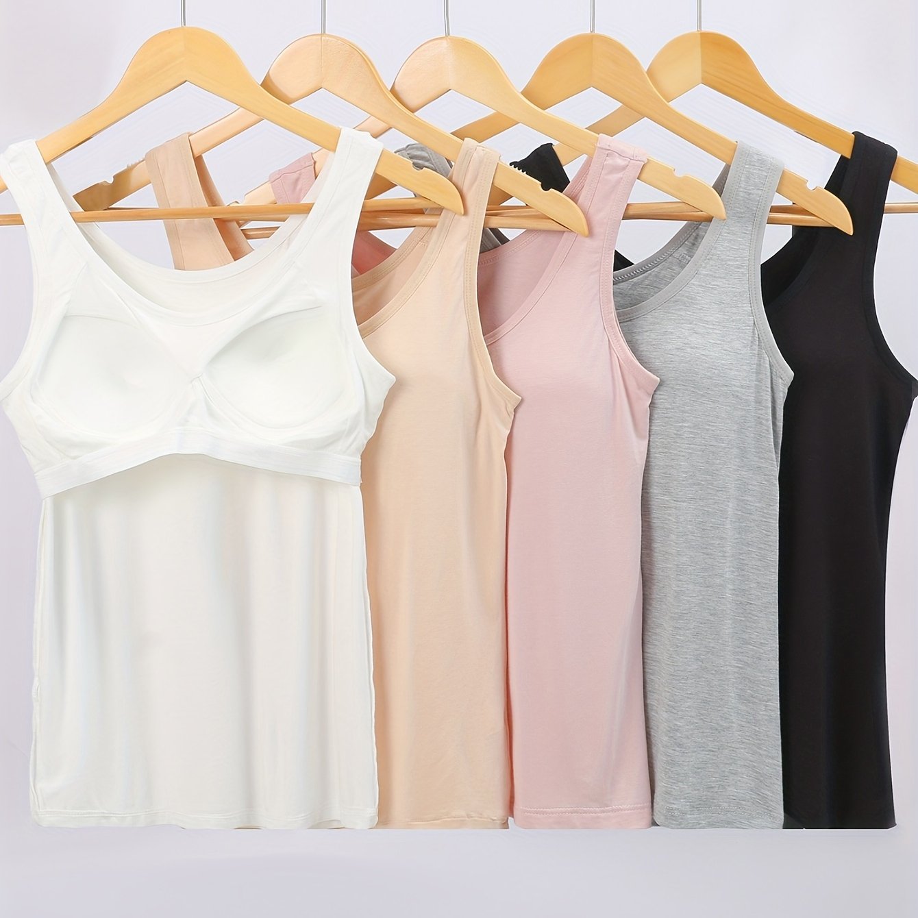 5pcs Women's Casual Solid Tank Tops With Built-in Fixed Cups And Chest Pads, No-wire Bra, Versatile For Daily Wear, Suitable For Middle-aged And Elderly Mothers, Worn As Inner Or Outer Layer