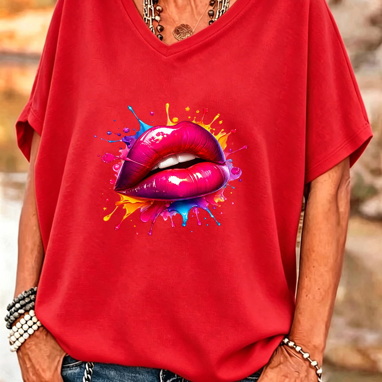 TEMU Plus Size, Plus Size Women's Batwing Sleeve V-neck Top - Ink Splatter Red Lips Print Pullover, Batwing Suitable For Body Types, Machine Washable