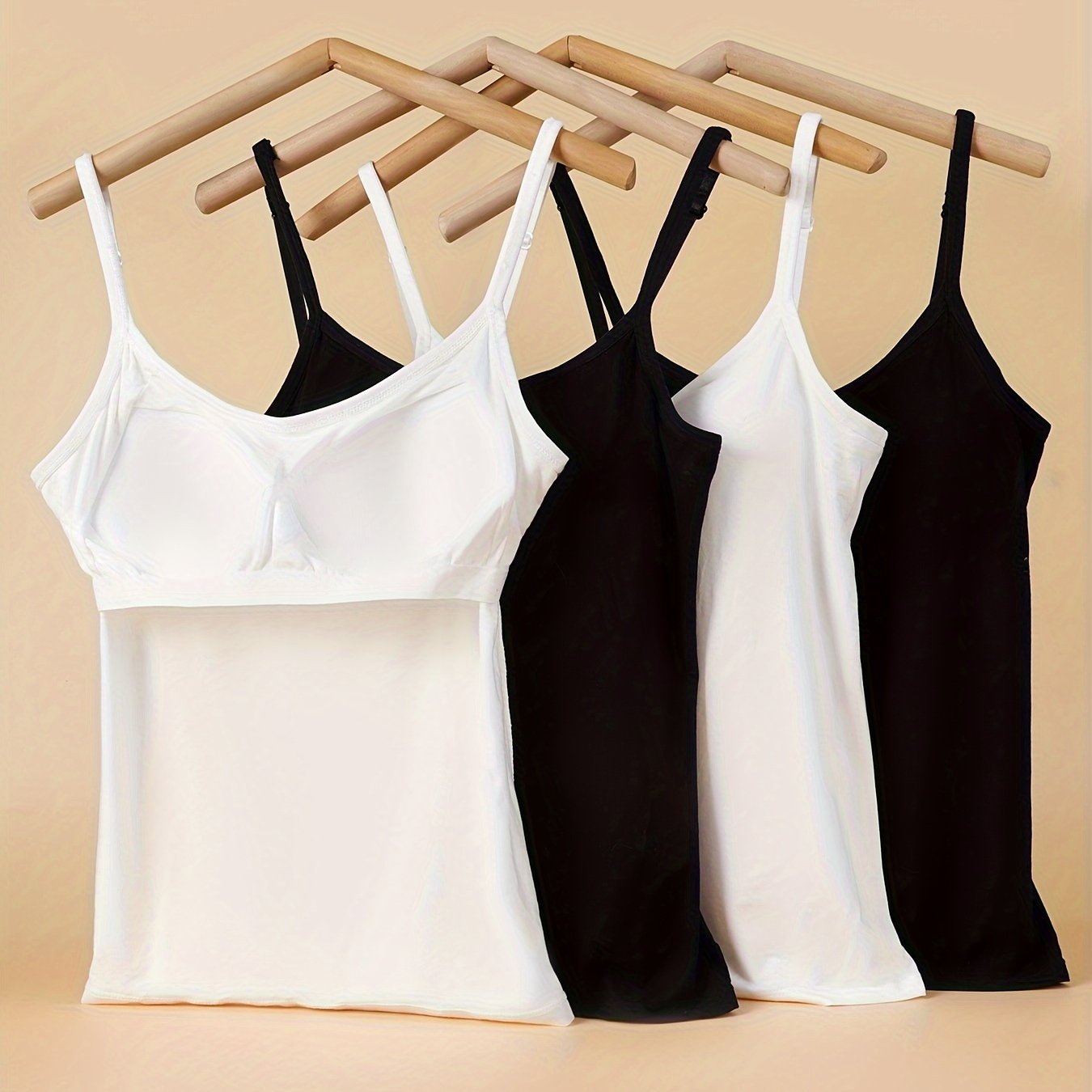 Image of 4pcs Set Of White Suspenders With Bra Pads, Summer Outerwear, Slim Fit Design, With Chest Pads, Integrated Inner Wear, Base Sleeveless Top, Vest For Women