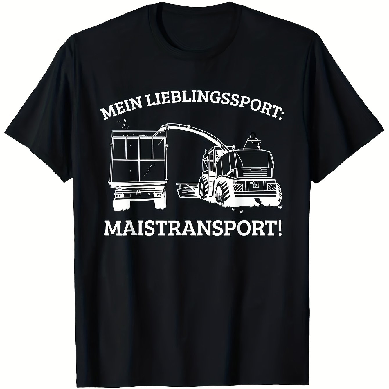 Image of Sport Grain Transport Tractor T-shirt | Graphic Print, Black With White Tractor Design, Short Sleeve, Crew Neck, Casual Workwear For Adults, Summer Season