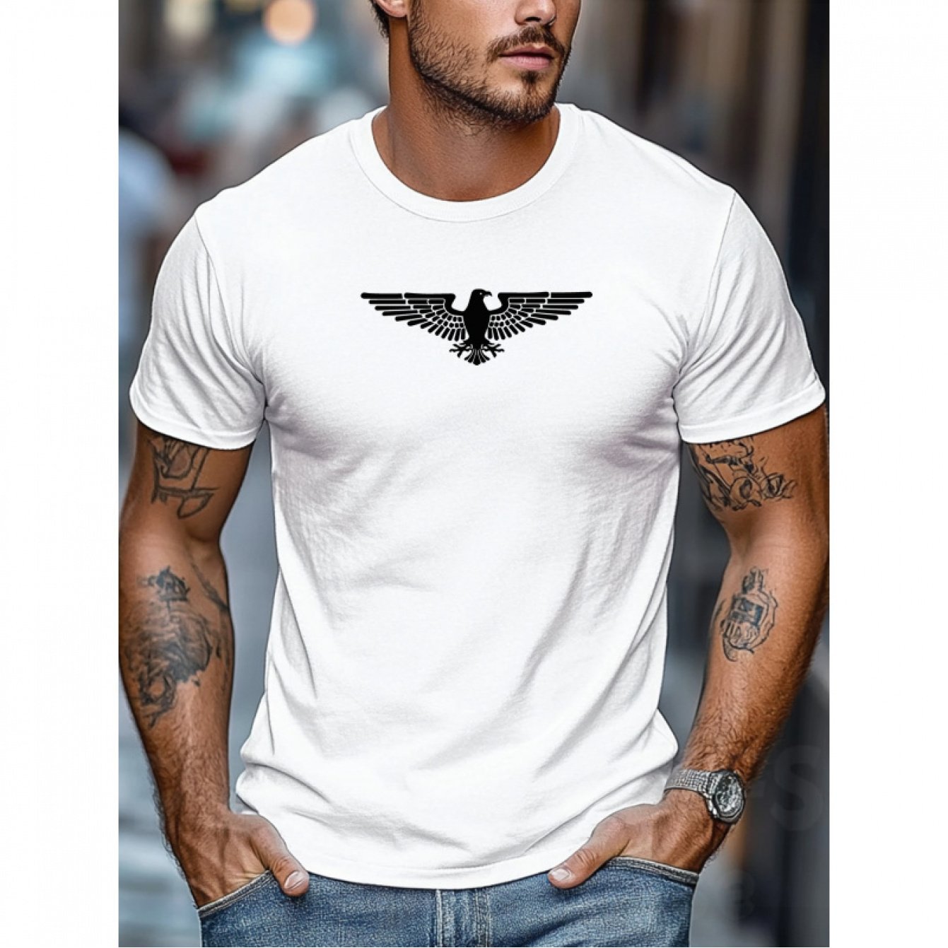 TEMU Men's & Wings Print T-shirt - Short Sleeve Crew Neck Casual & Wear Top, Suitable For Summer, Machine Washable Regular Fit Blouse.com-compatible