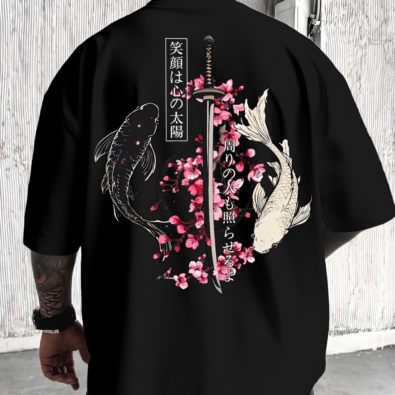 TEMU Men' & Women' Japanese & Cherry Print T-shirt - Sword &, Loose Fit Round Neck Short Sleeve Casual Summer Top, Machine Washable Japanese