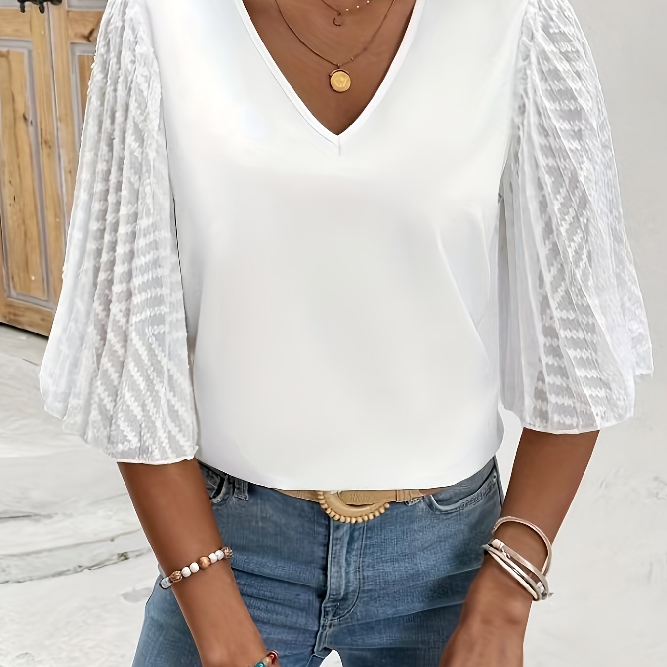 Loose Mesh Contrast V-neck Shirt, Fashionable And Comfortable For Spring Summer Autumn