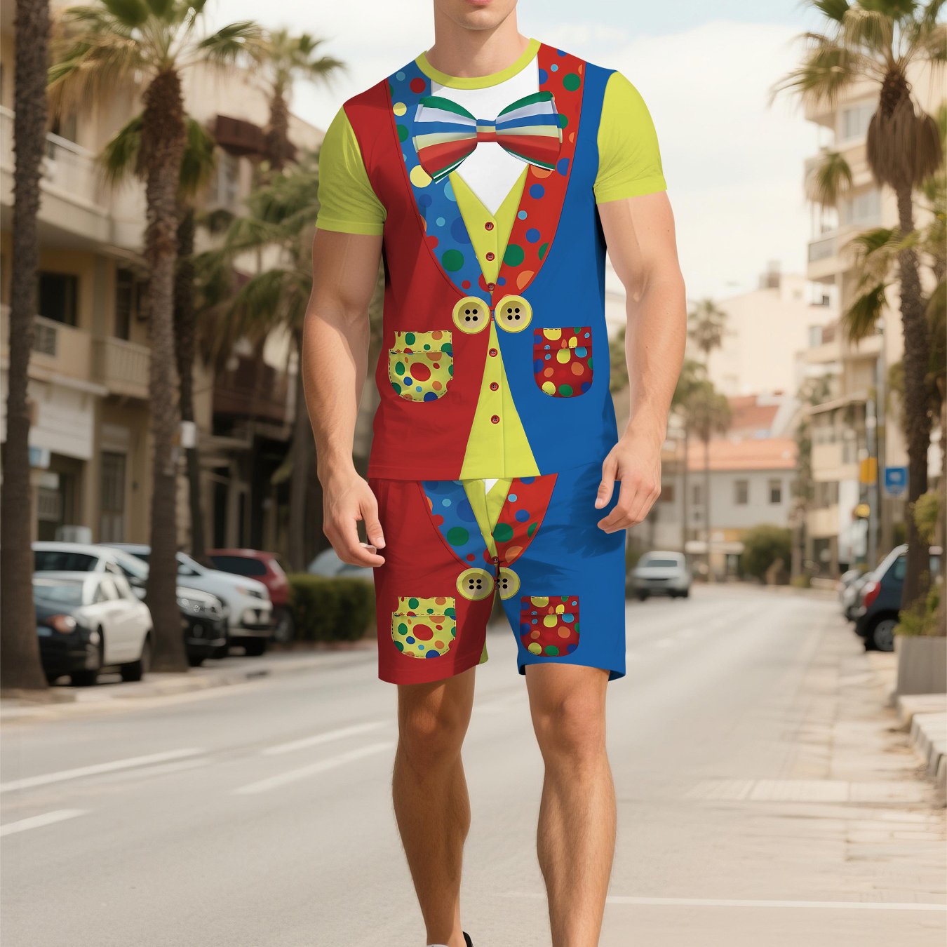 TEMU Men's Casual Outfit Featuring Print Two-piece Set, A Vibrant Clown-themed, Trendy And Relaxed For Vacation Wear, Breathable Sports Style, Making