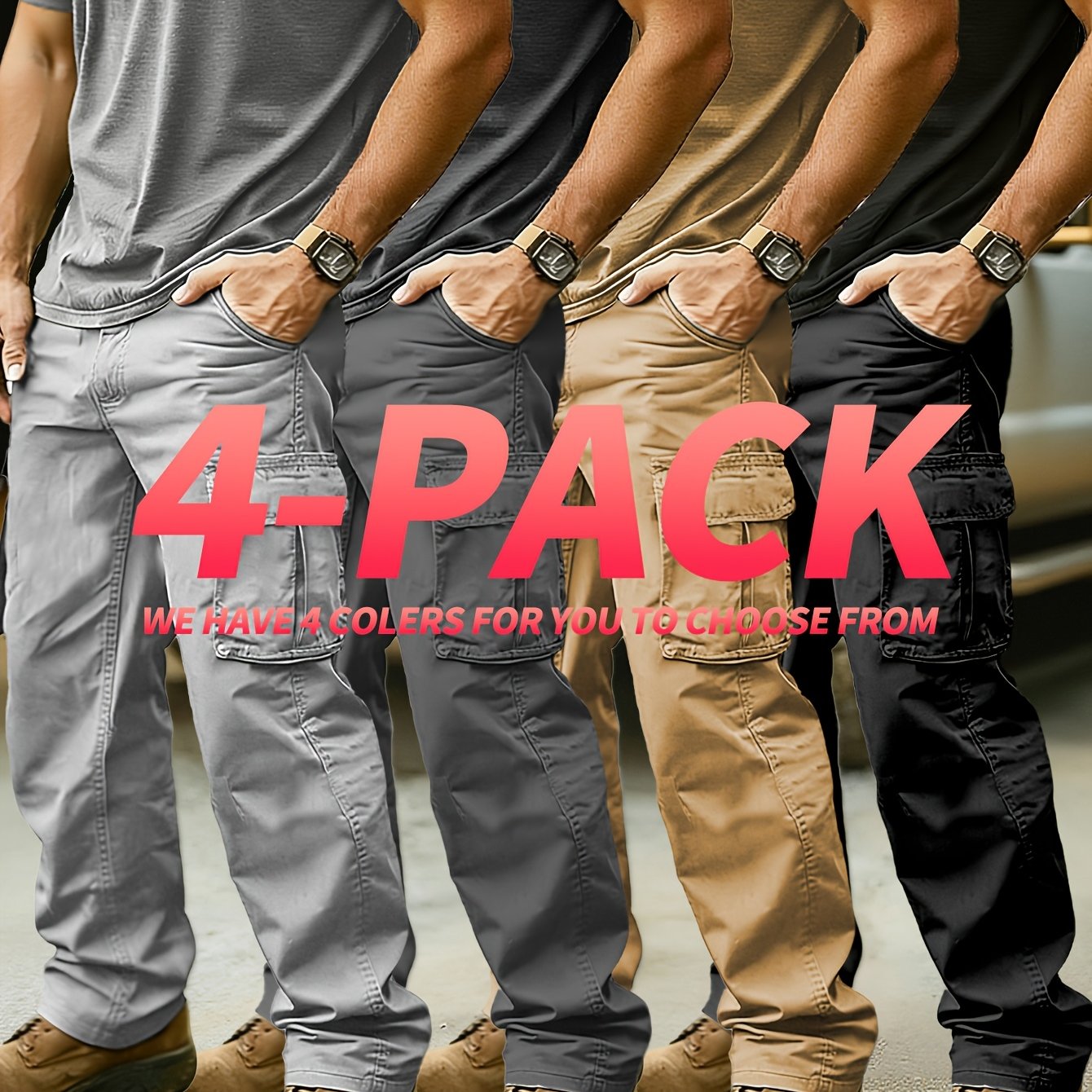 TEMU 4pcs Men's Outdoor Cargo Pants Lightweight Tactical Pants Loose Straight Multi-pocket Hiking Sports Pants With Stretch Drawstring Waist Spring