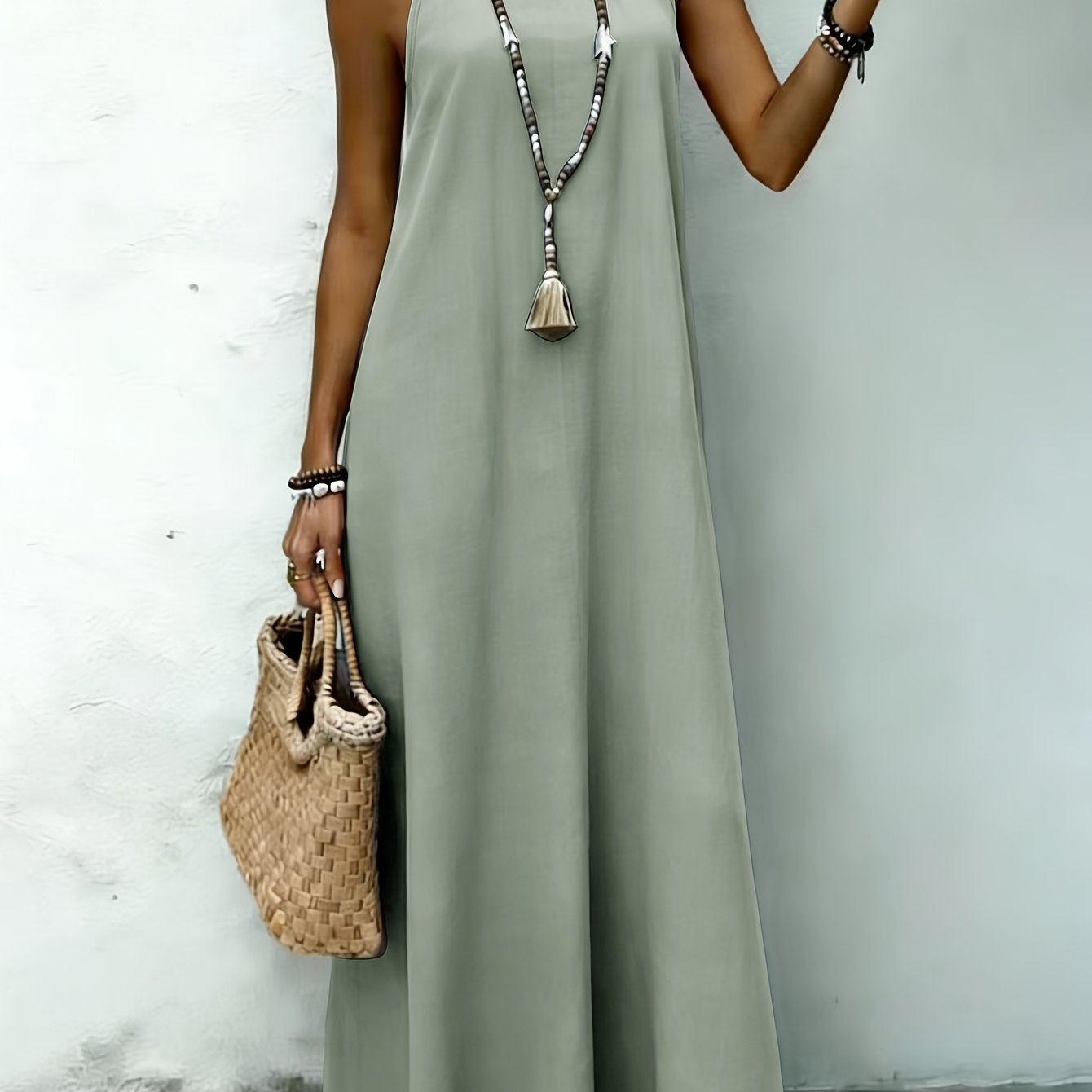 TEMU Amnfuil Women's Bohemian Halter Neck Maxi Dress - Sleeveless Back Button Closure Beach Dress, Solid Color Fitted Long Dress Suitable For