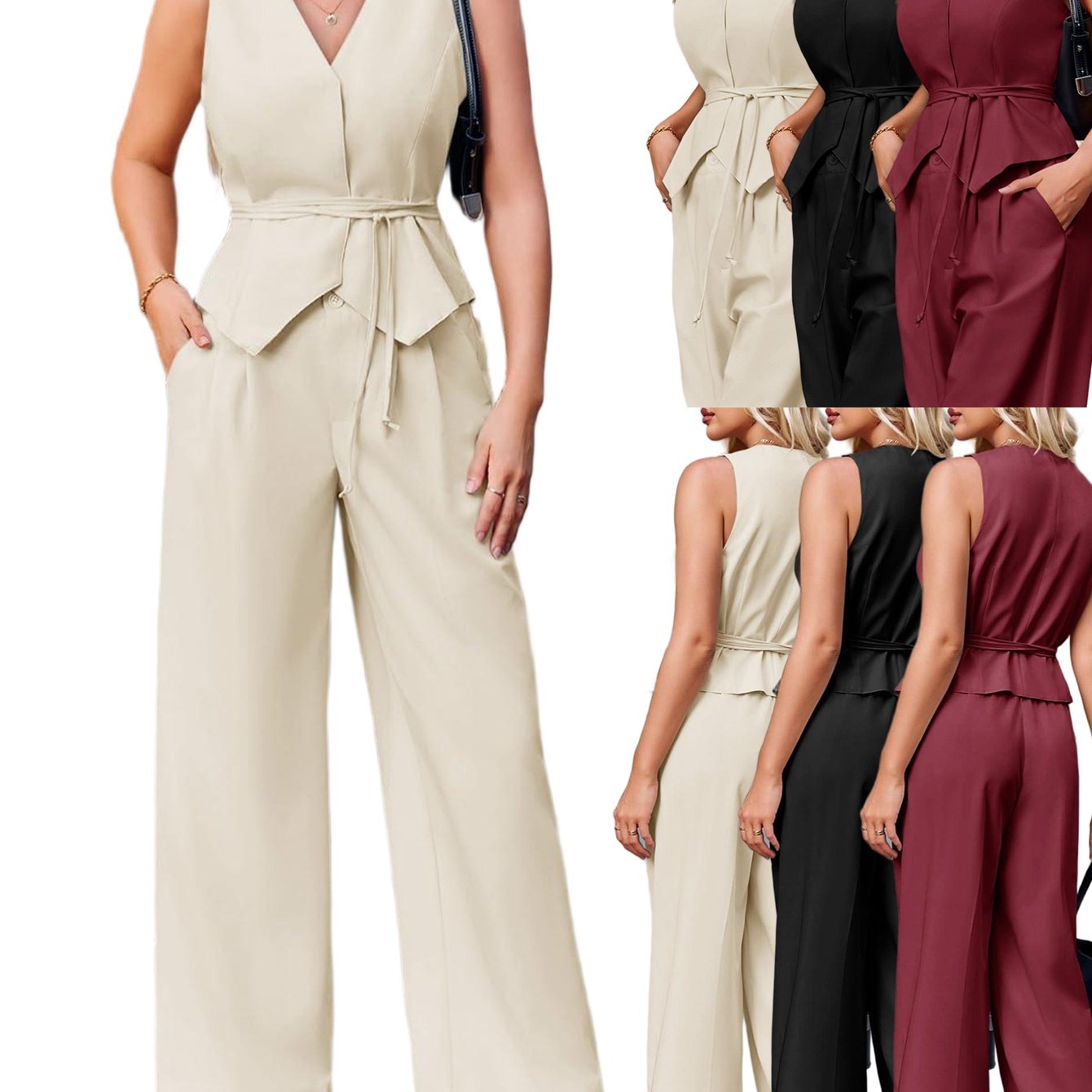 Image of Women's 2pcs Blazer Suit: Sleeveless Tie-waist Vest & Wide-leg Pants - Business Casual Blazer Sets Suitable For , Machine Washable Matching Outfits For Office, Weddings, And Professional Events