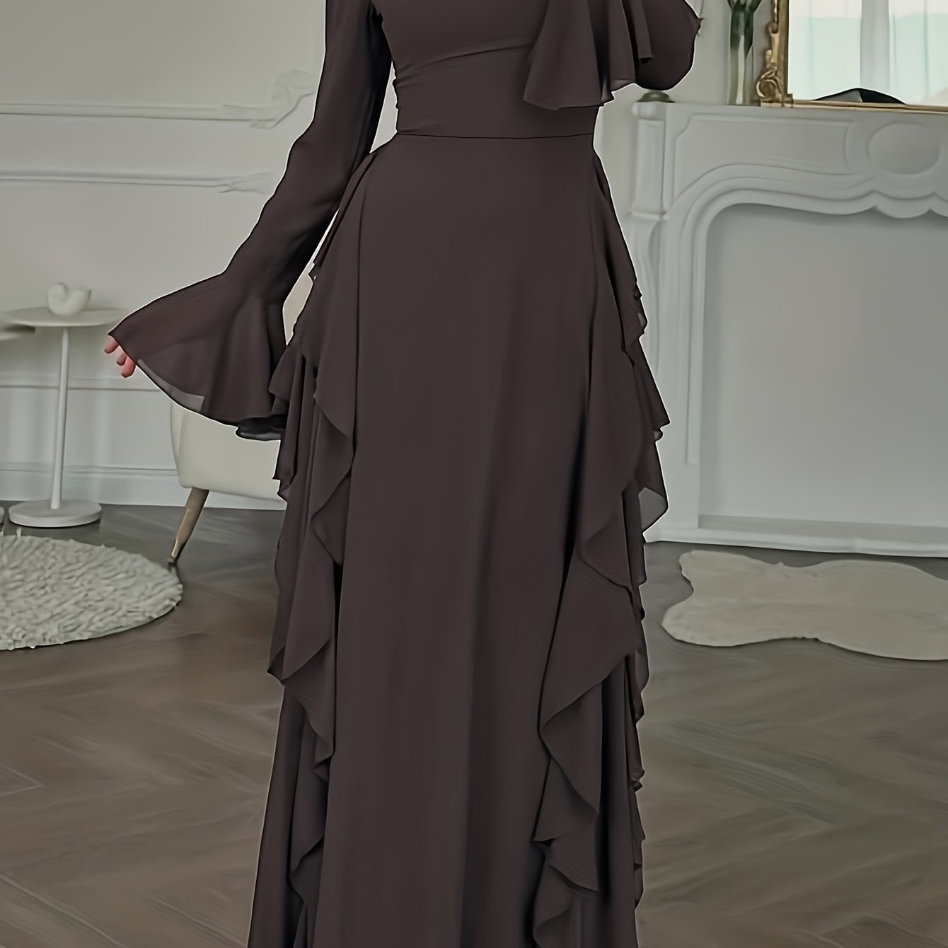 Image of Women's Elegant Ruffle Sleeve Long Sleeve High Neck Bodycon Dress + Ytd