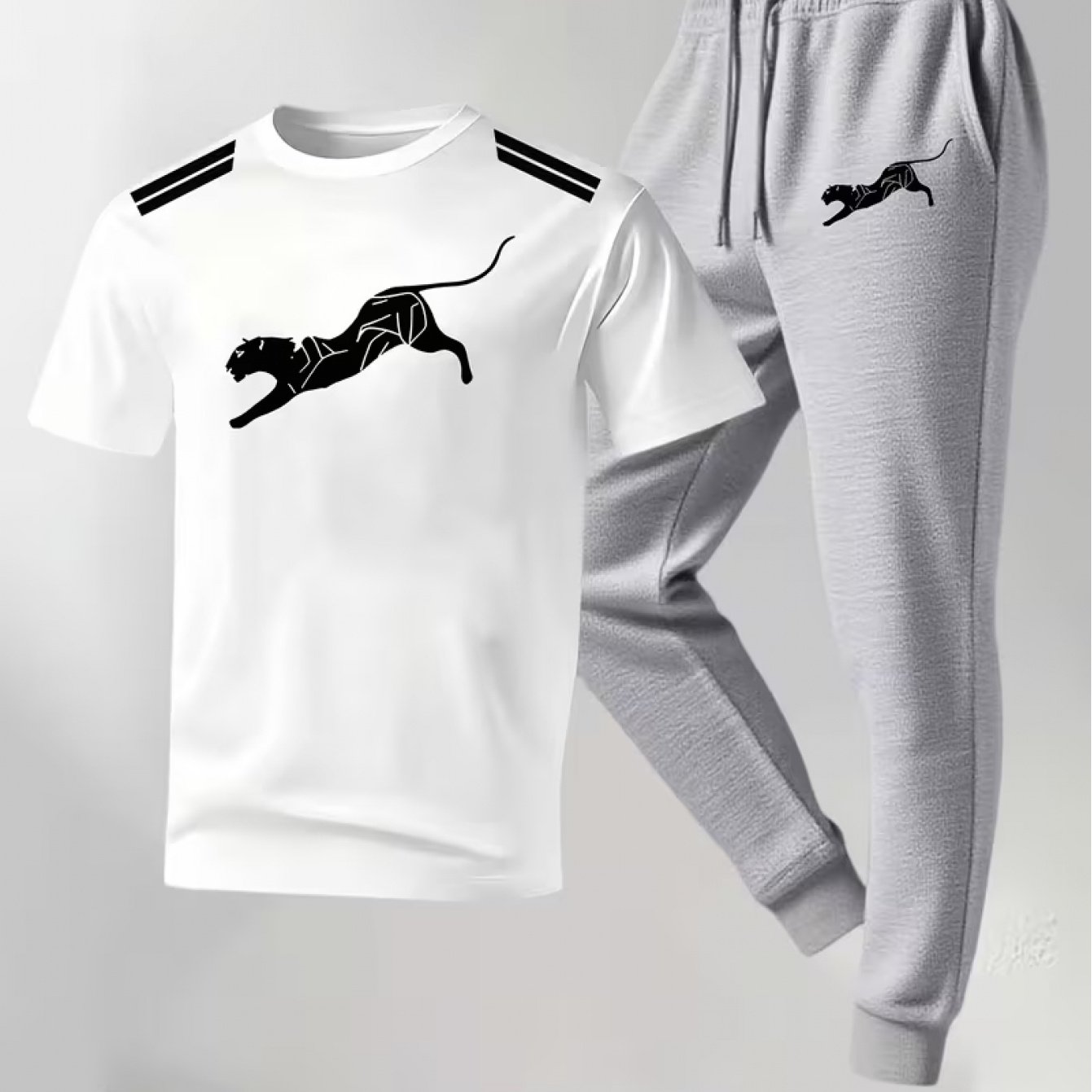 TEMU Men's Casual Set: Round Neck Pattern Print Short Sleeve T-shirt And Drawstring Jogger Pants, Spring/summer Outdoor Party Loungewear