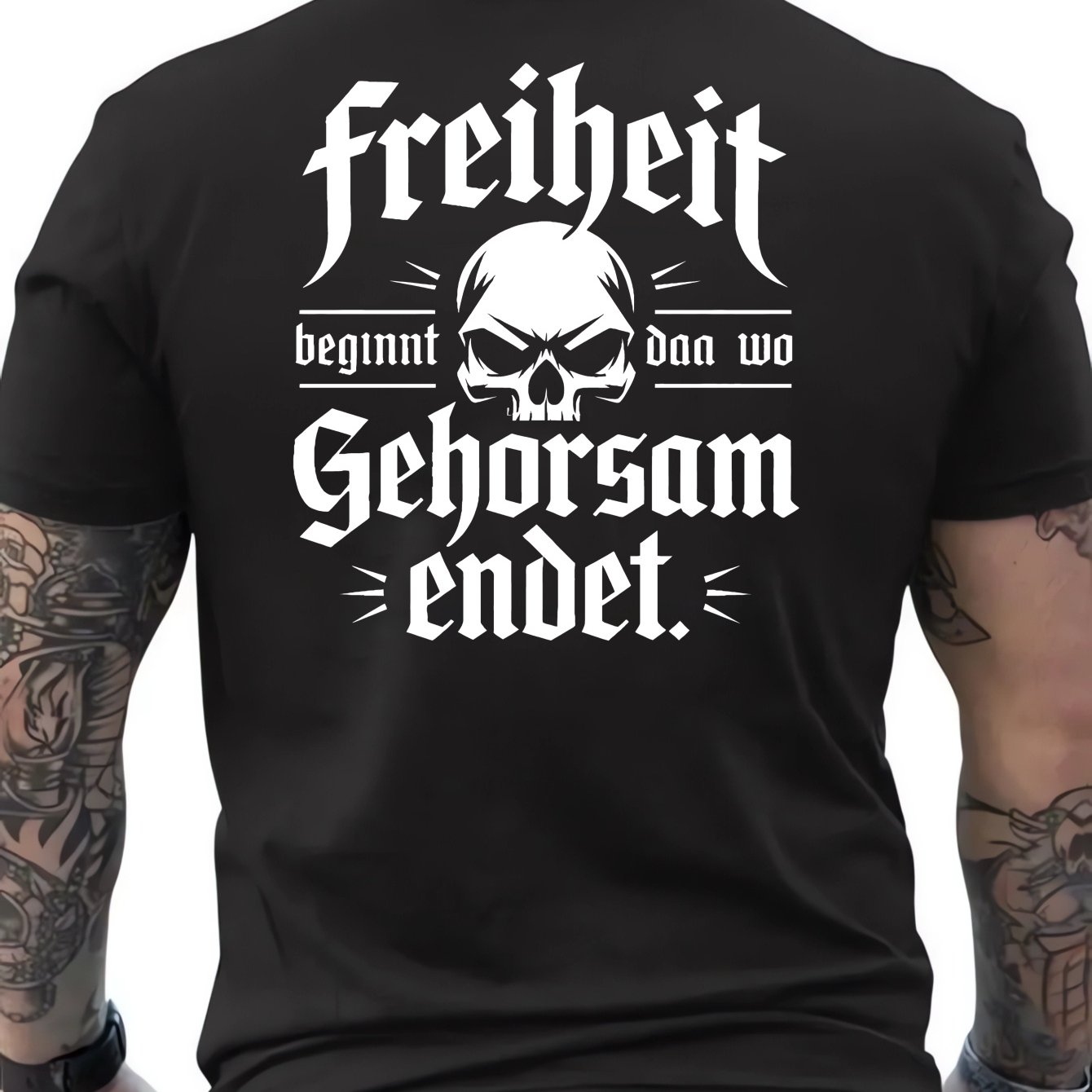 Image of Plus Size Men's Round Neck T-shirt With Skull Design, Featuring " Begins Obedience Ends" Printed On Back. This Short-sleeved Shirt Made Of Quality Fabric Is Comfortable And Breathable