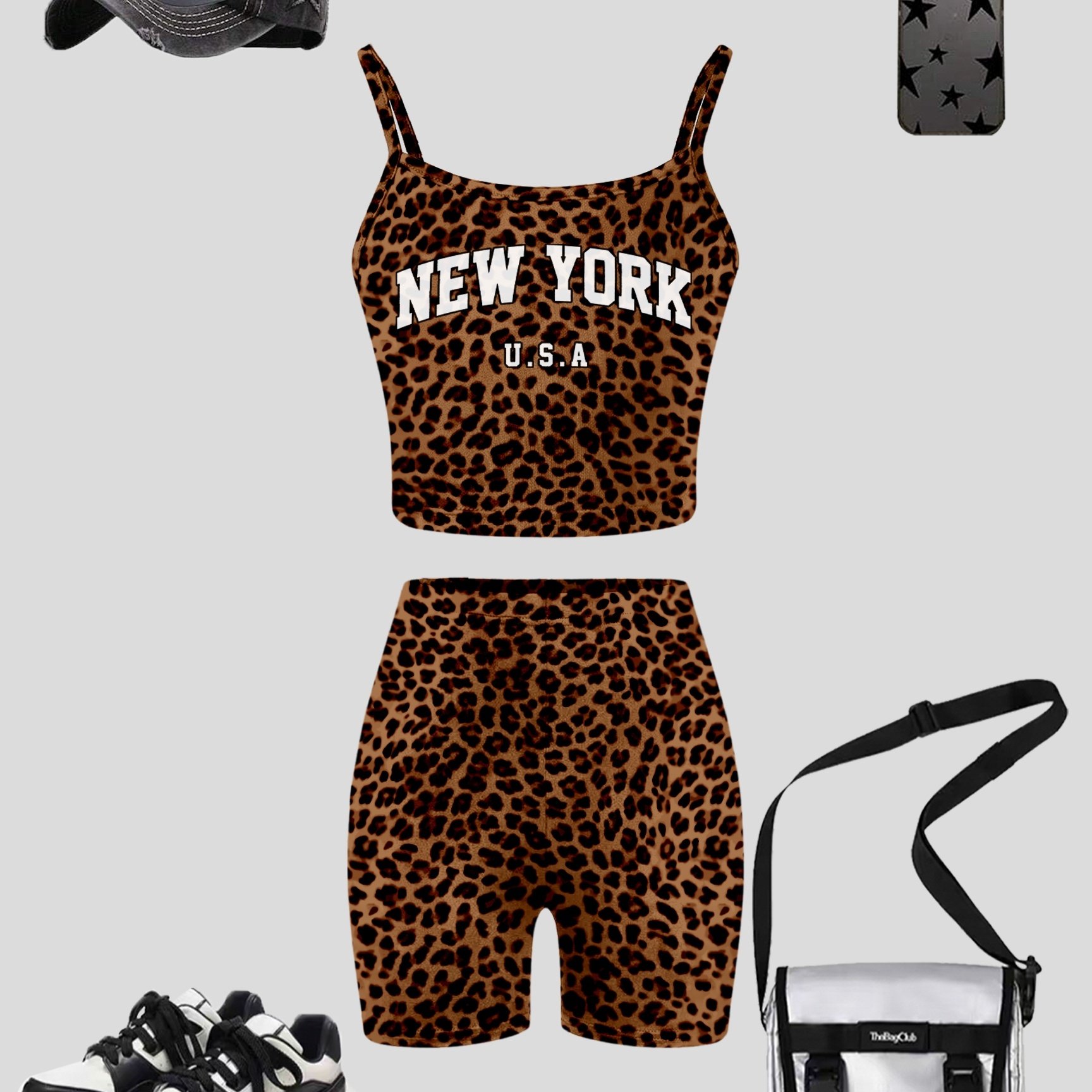 TEMU Conjunto deportivo de estilo Y2K para chica a , estampado de leopardo con , top y pantalones cortos de ciclista de 2 piezas, adecuado para