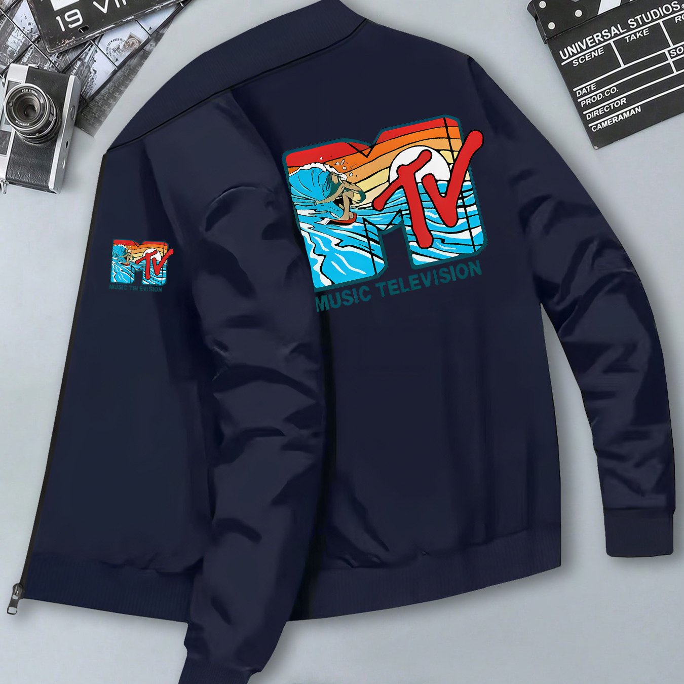 TEMU Herre MTV Music Television Grafisk Print Bomberjakke – Slim Fit Glidelås med Ståkrage, Polyester Casual Streetwear med Lommer, Maskinvaskbar