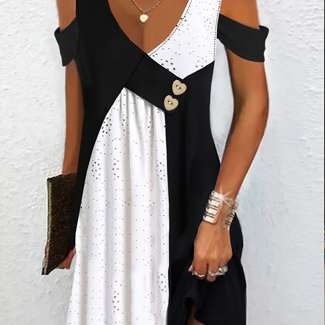 E-shop Modisches Frühlings-/Sommer-Kleid, V-Ausschnitt Zweifarben-Design, elegante . für Urlaub Freizeit