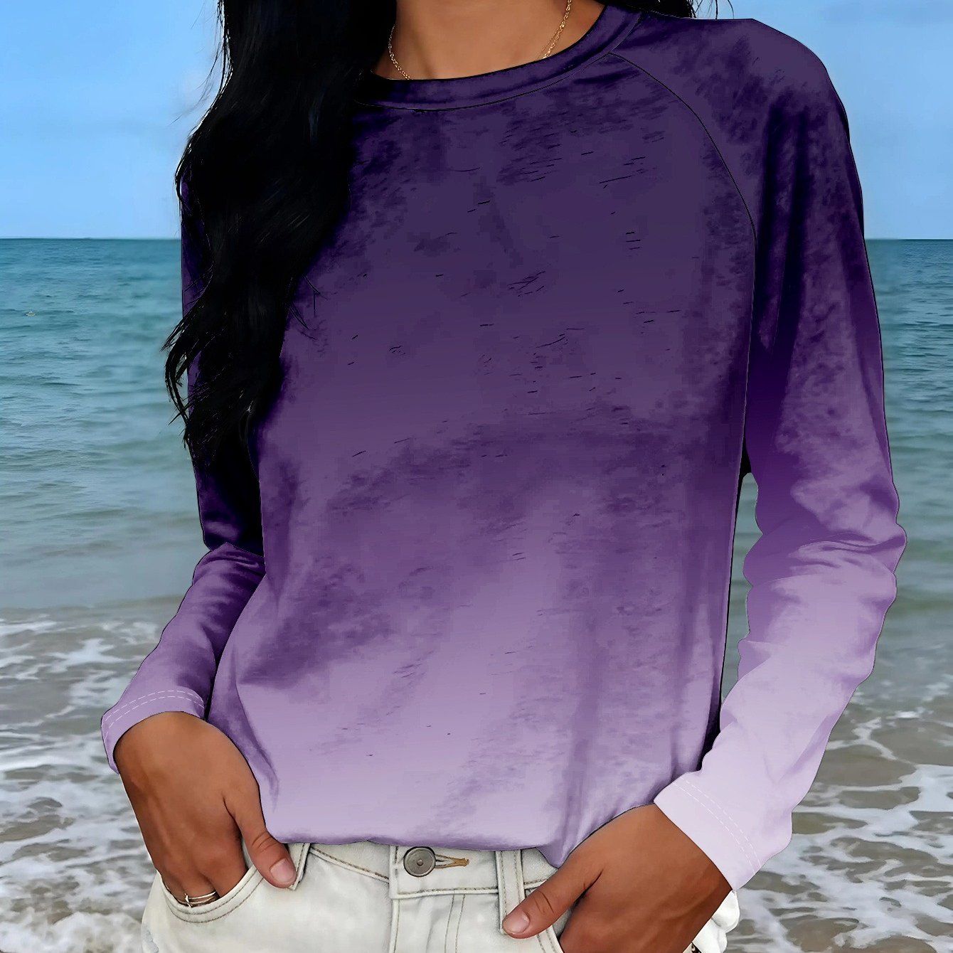 TEMU Women's Casual Round Neck Printed T-shirt 1pc Deep Purple To Light Purple Gradient Background Spring Summer Autumn Winter , , Machine Washable,