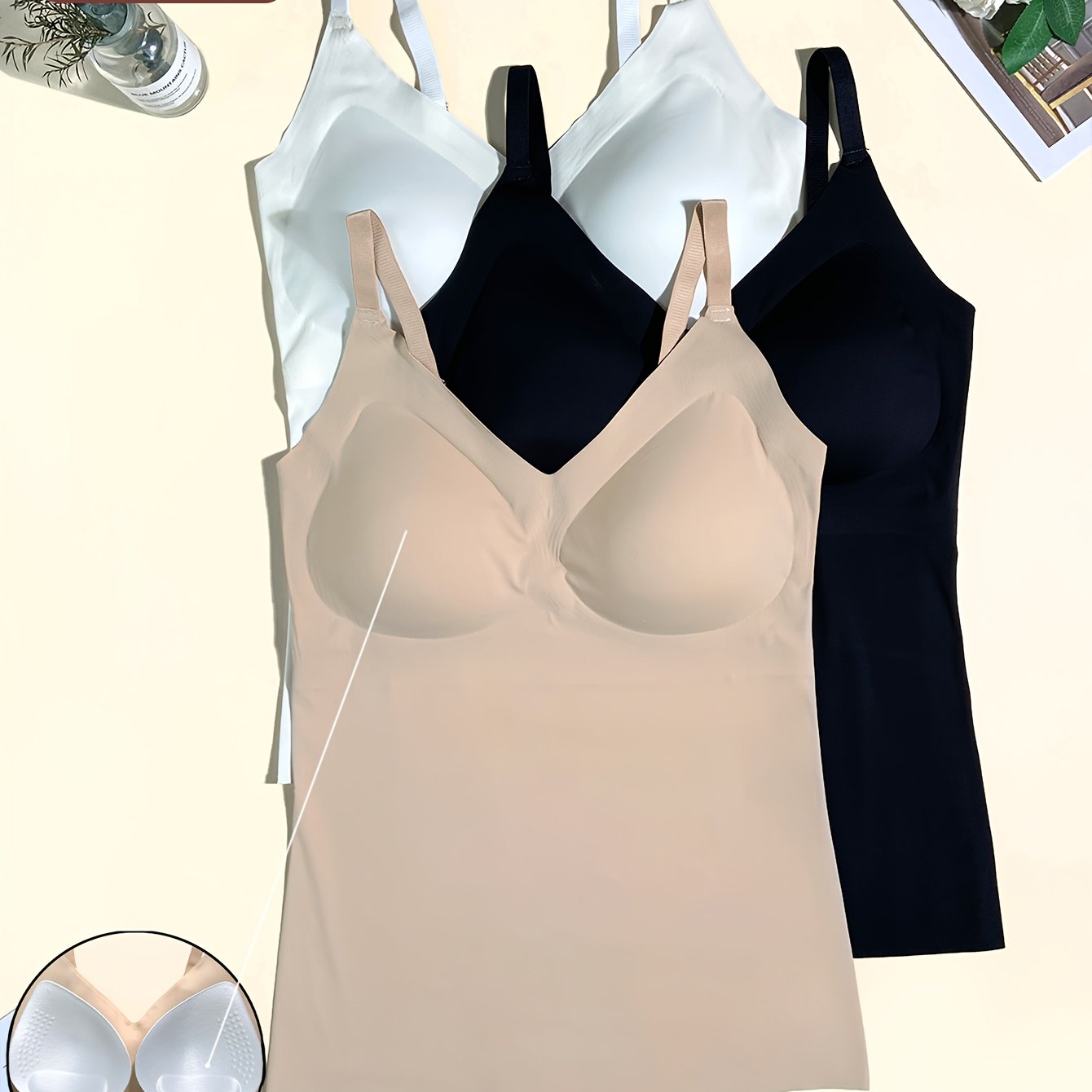 TEMU 3pcs Set Plus Size Seamless Women's Cami Adjustable Straps Outer Wear Inner Layer Elastic Comfortable Removable Padding Base Layer Top