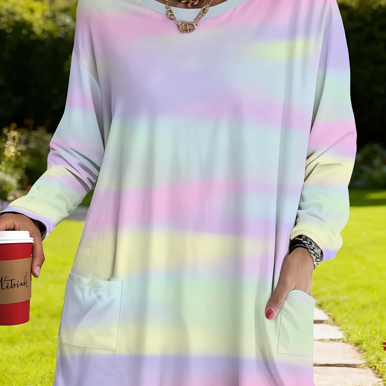 TEMU Plus Size, Women's Plus Size Oversized Long Sleeve T-shirt - Pastel Macaron & Marble Gradient Striped Blouse With Round Neck & Pockets, Casual
