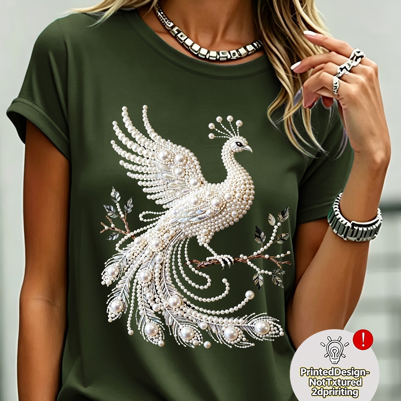 TEMU Light Drilled Peacock Pattern Short Sleeve, Printed Design, Non-textured 2d Print, Regular Fit Round Neck T-shirt, Fashionable Elegant Spring