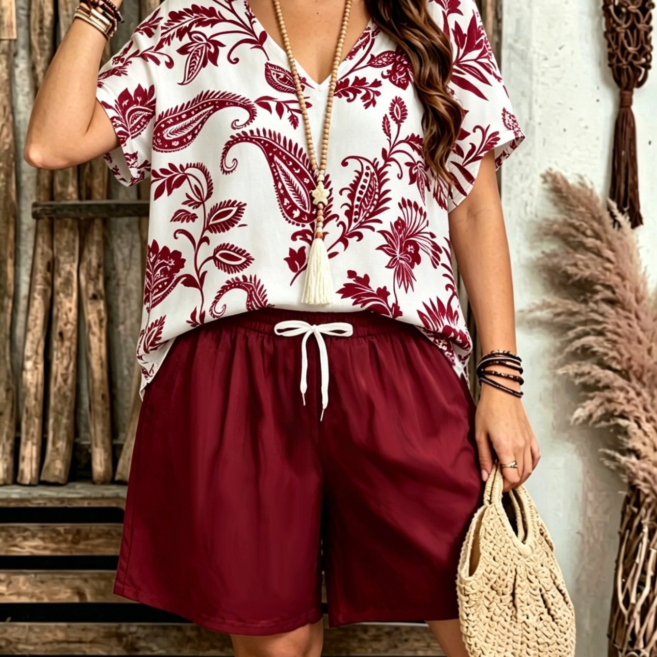 Image of Large-sized Women's Outfit, V-neck, Batwing Sleeves, Paisley Short-sleeved Loose Top With Drawstring Pockets, Suitable For Everyday , Leisure Activities, And Vacations During Spring And Summer.
