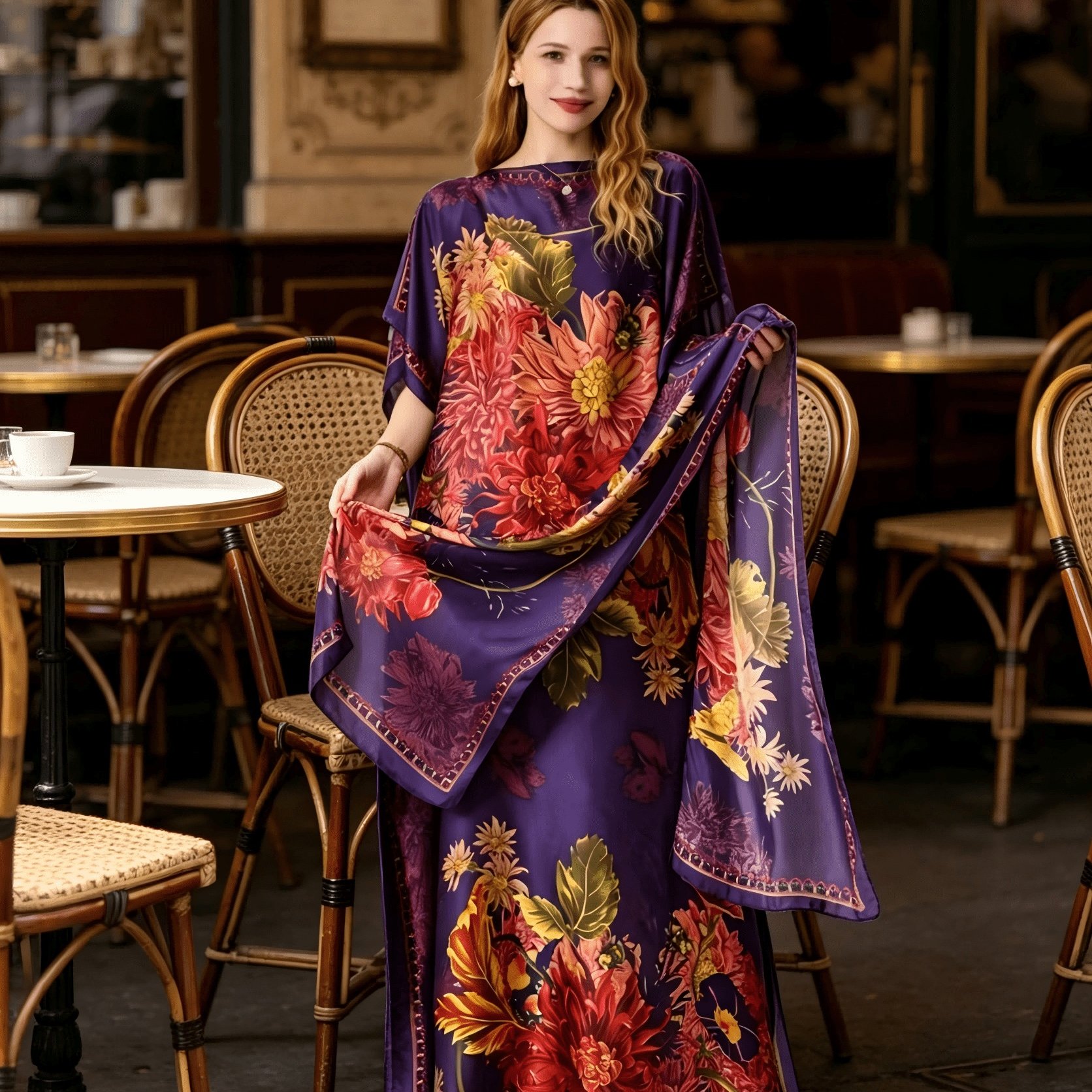 TEMU Grande Taille - Robe de Femme Grande Taille Violet Foncé à Imprimé Floral, Jupe Longue, Col Bateau, Manches Épaisses Amovibles