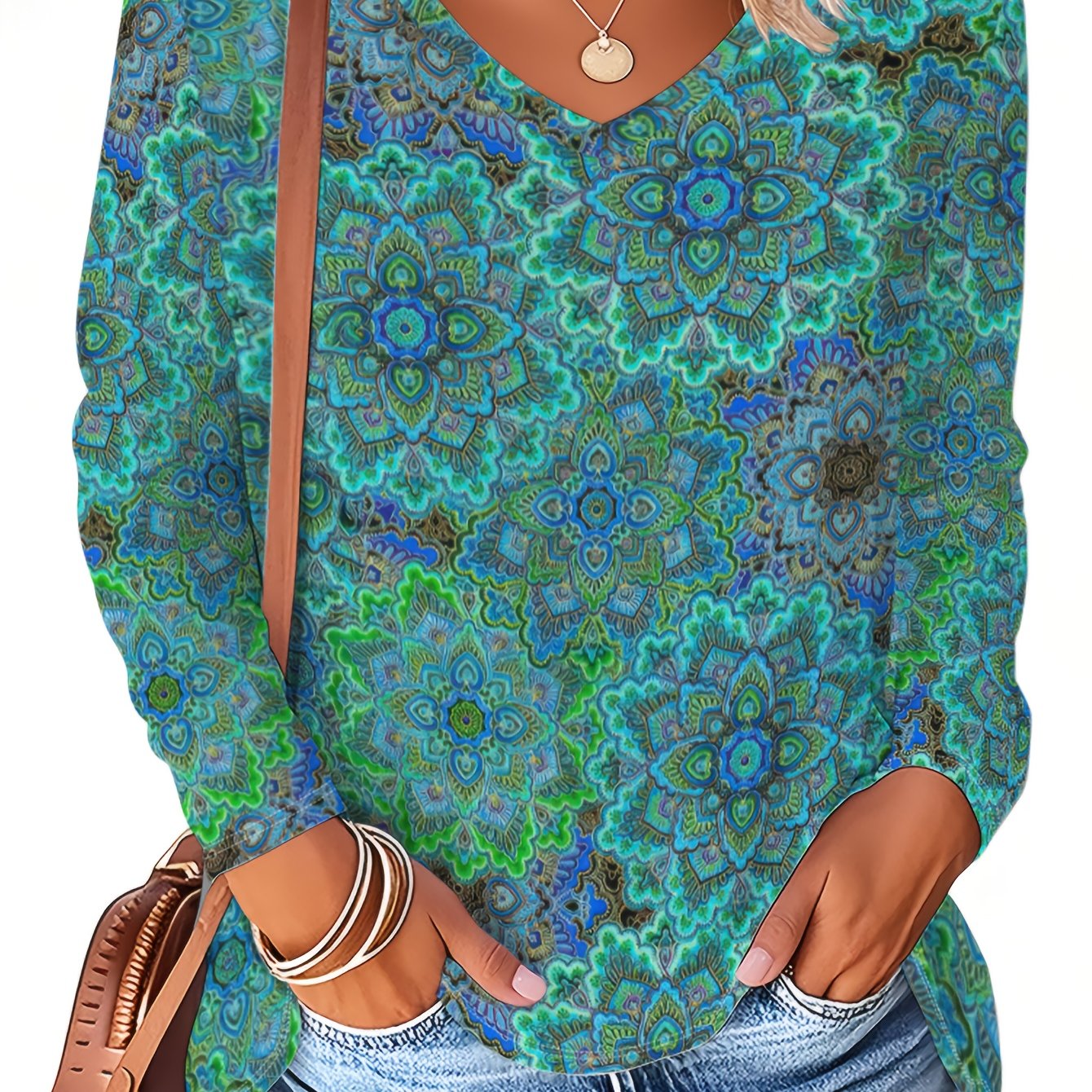 TEMU Plus Size, Women's Spring/autumn New Plus-size Fashion Ethnic V-neck Long Sleeve T-shirt, Loose , V-neck Design, Suitable For And Outdoor Wear,