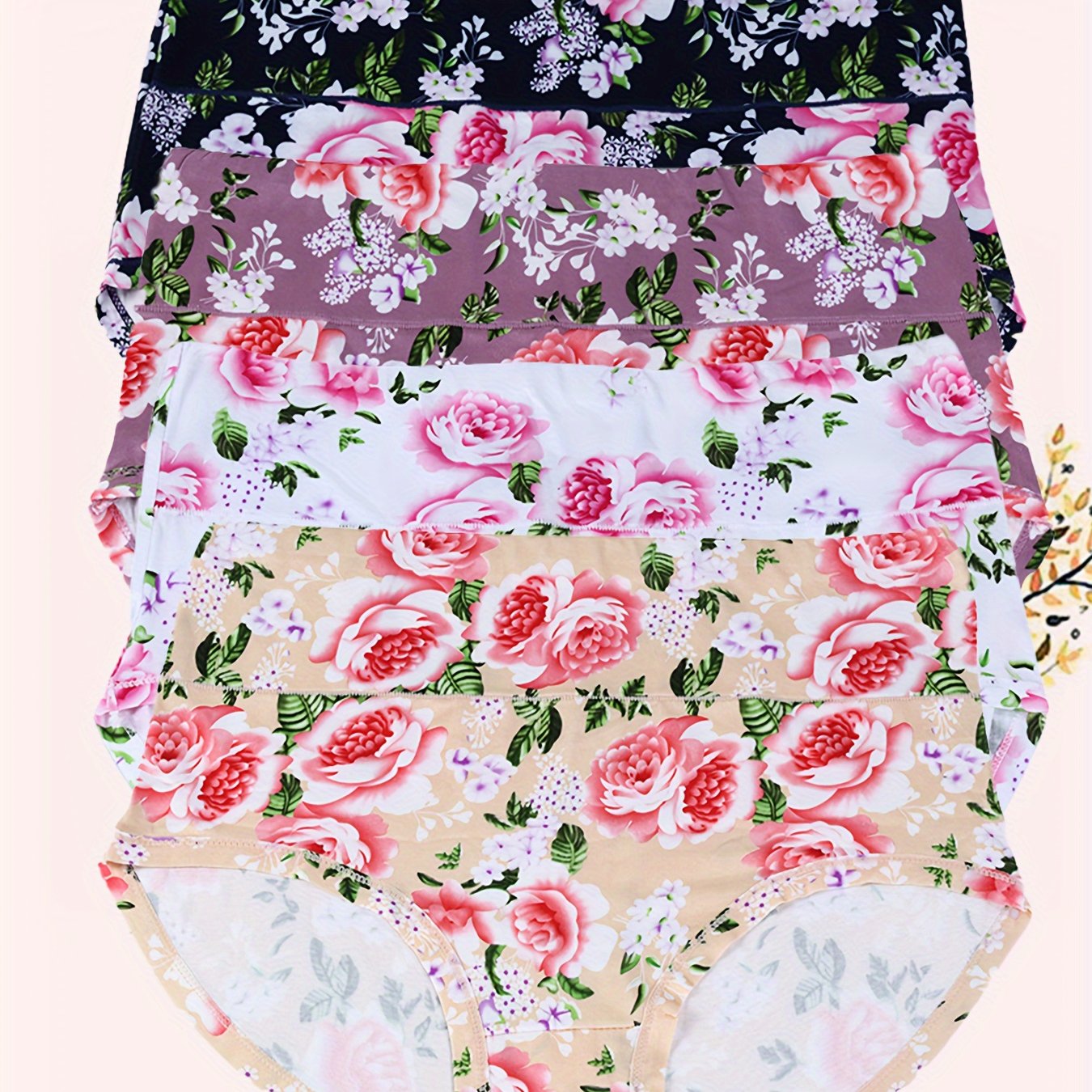 4- Size High-waist Triangle Panties, Soft Comfortable Rose Floral Print Women's Plus Size Underwear