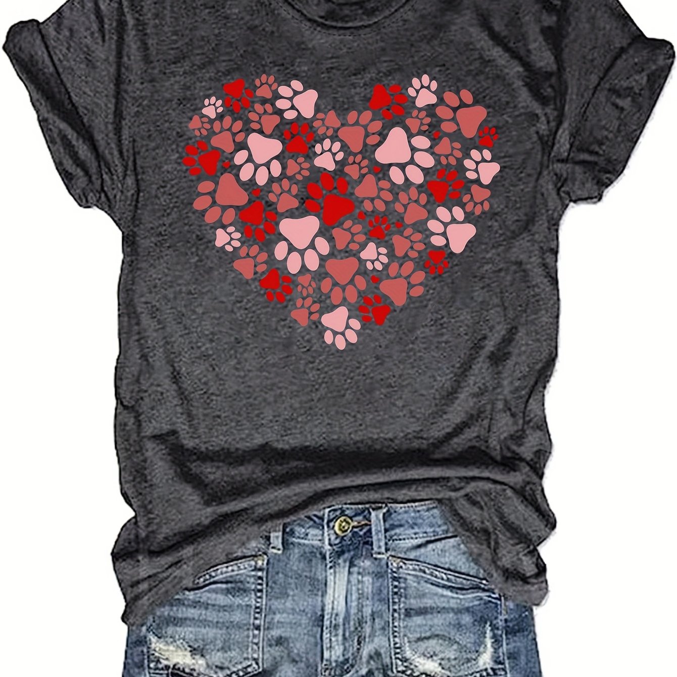 TEMU Casual Gray T-shirt For Women Featuring A Heart And Paw Print Design, Perfect For Valentine's Day. This Short-sleeve Round Neck Top Is Machine