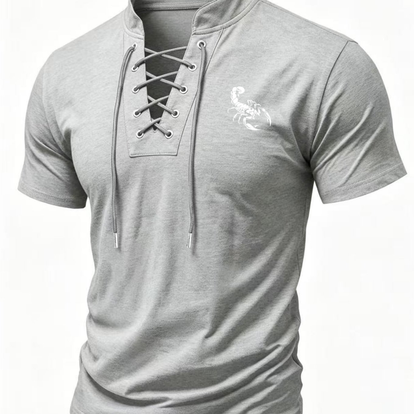 TEMU 2026 's Lace-up Stand Collar Printed Short Sleeve T-shirt, Pattern With Stretch, Comfortable And Versatile, Suitable For Multiple Occasions